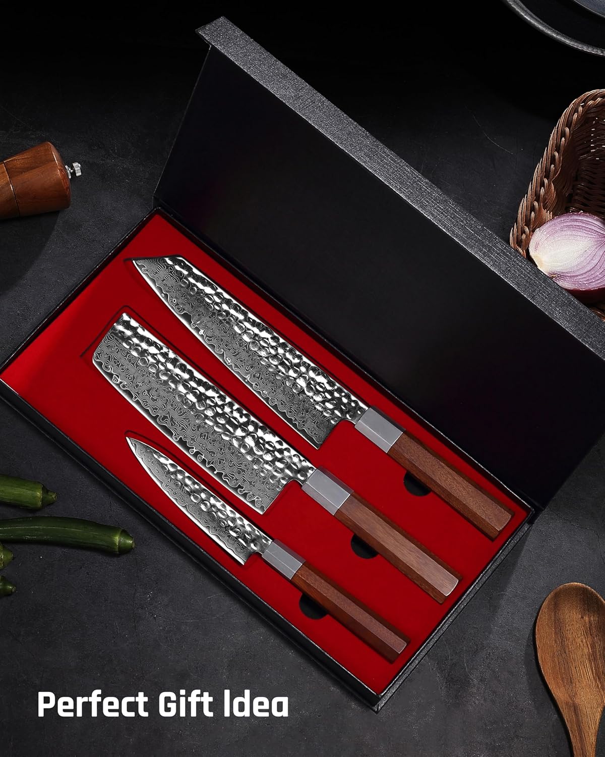 YOTSUBA 3PCS Japanese Chef Knives Set,Damascus Kitchen Knives Set with Hand-forged High Carbon Steel Blade,Ultra Sharp Cooking Knife Set with Ergonomic Wood Handle for Chopping Vegetable and Cooking