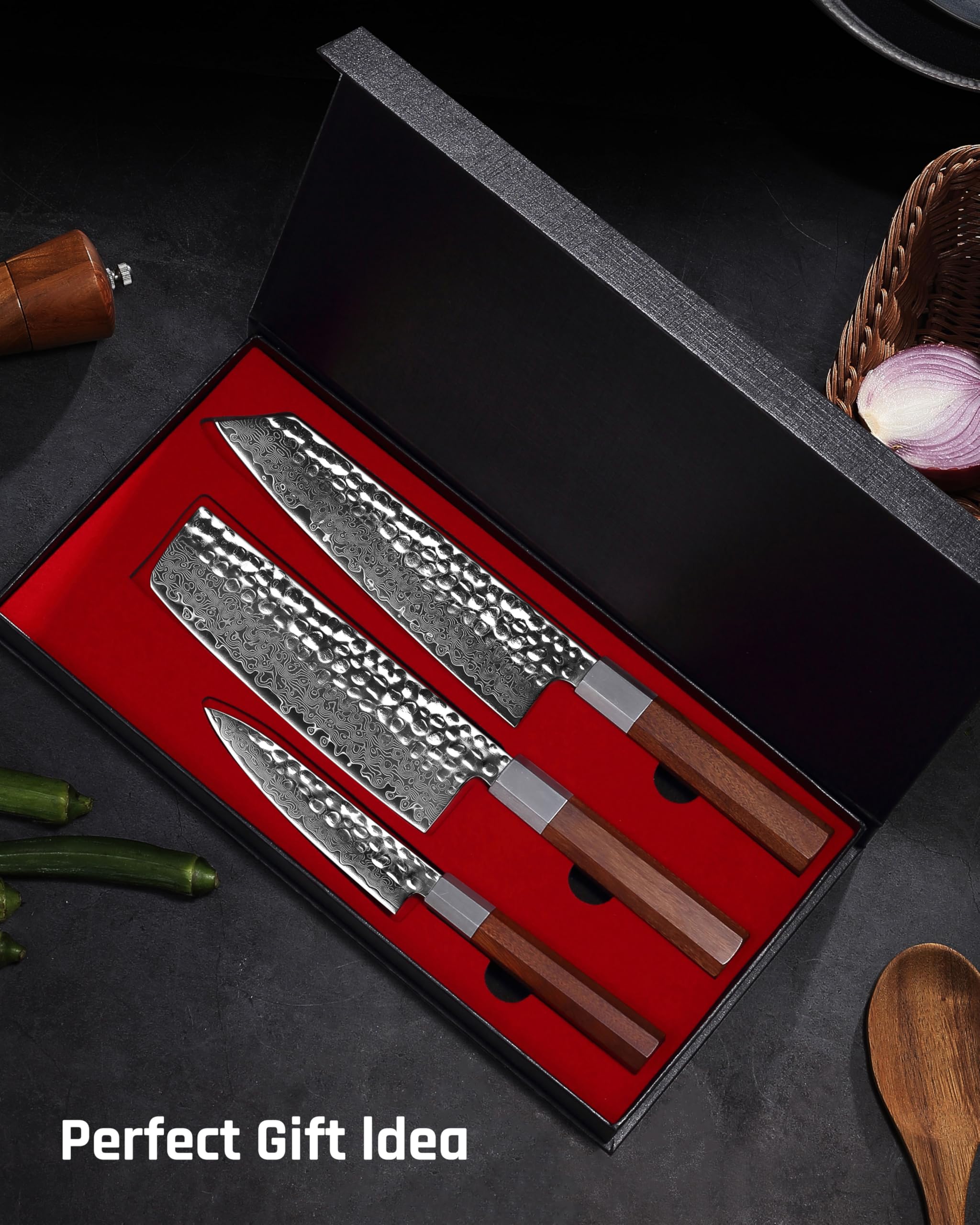 YOTSUBA 3 PCS Japanese Style Knife Set – Natural Rosewood & Damascus Steel — Amazon image 6