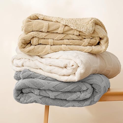 Miniatura 8 de PHF Manta de forro polar Sherpa copetudo, tamaño individual, manta cálida de sherpa jacquard 3D de 500 GSM, manta reversible y gruesa para invierno,