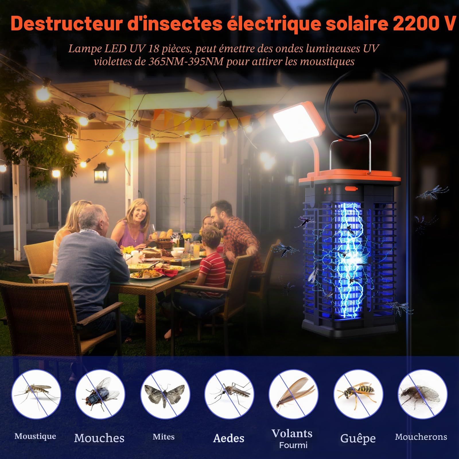 Lampe Anti Moustique Solaire avec LED Lumière, 4000mAh Lampe Anti Moustique Electrique Interieur, Solaire et Rechargeable par USB Lampe UV Anti Moustique Exterieur pour Bureau Chambre Camping
