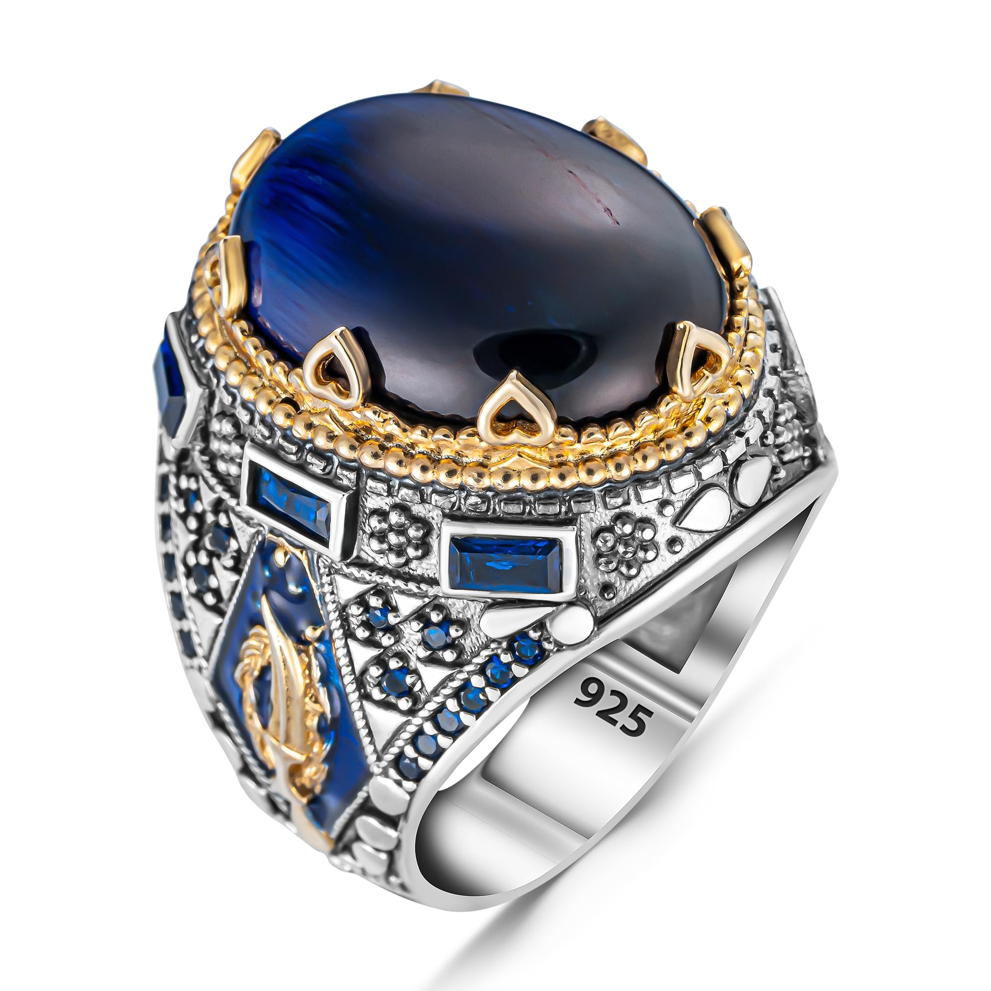 TAKILINGOSolid 925 Sterling Silver Blue Tiger's Eye Stone Men's Ring, Cubic Zircon Handmade Signet Ring