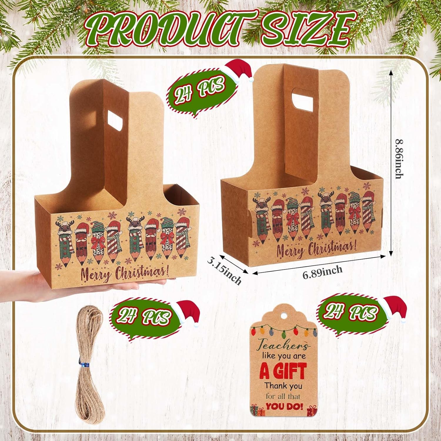 24 Sets Christmas Drink Carrier with Handle Disposable Kraft Paperboard Coffee Cup Holder with Tags Portable Foldable Tray to Go Cup Holder for Xmas Holiday Party Favor(Christmas Pencils)