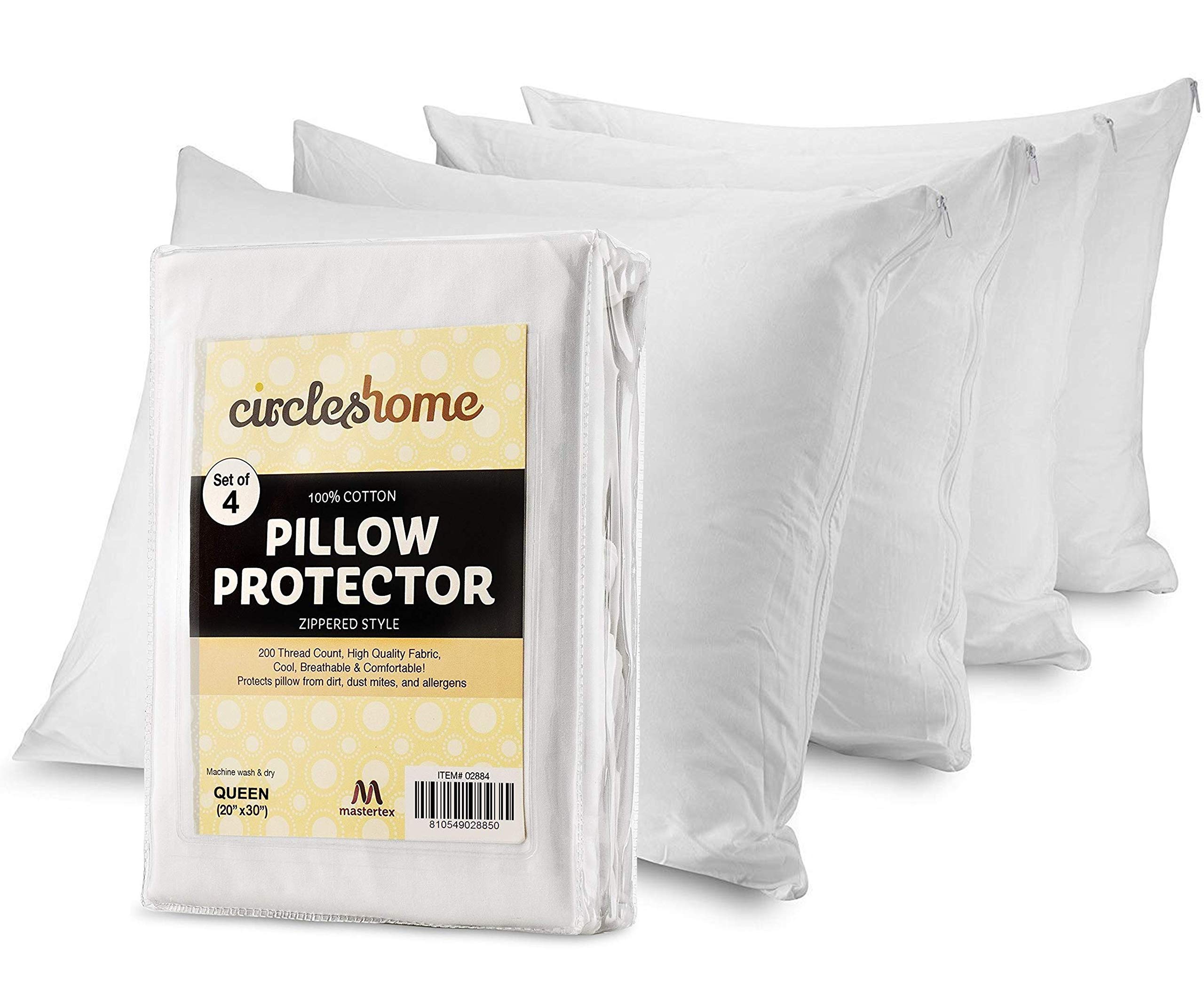 CIRCLESHOMEMastertex Pillow Protector 100% Cotton Zippered Style - Breathable/Quiet - 4 Pack White Pillow Cover (Queen - Set of 4)