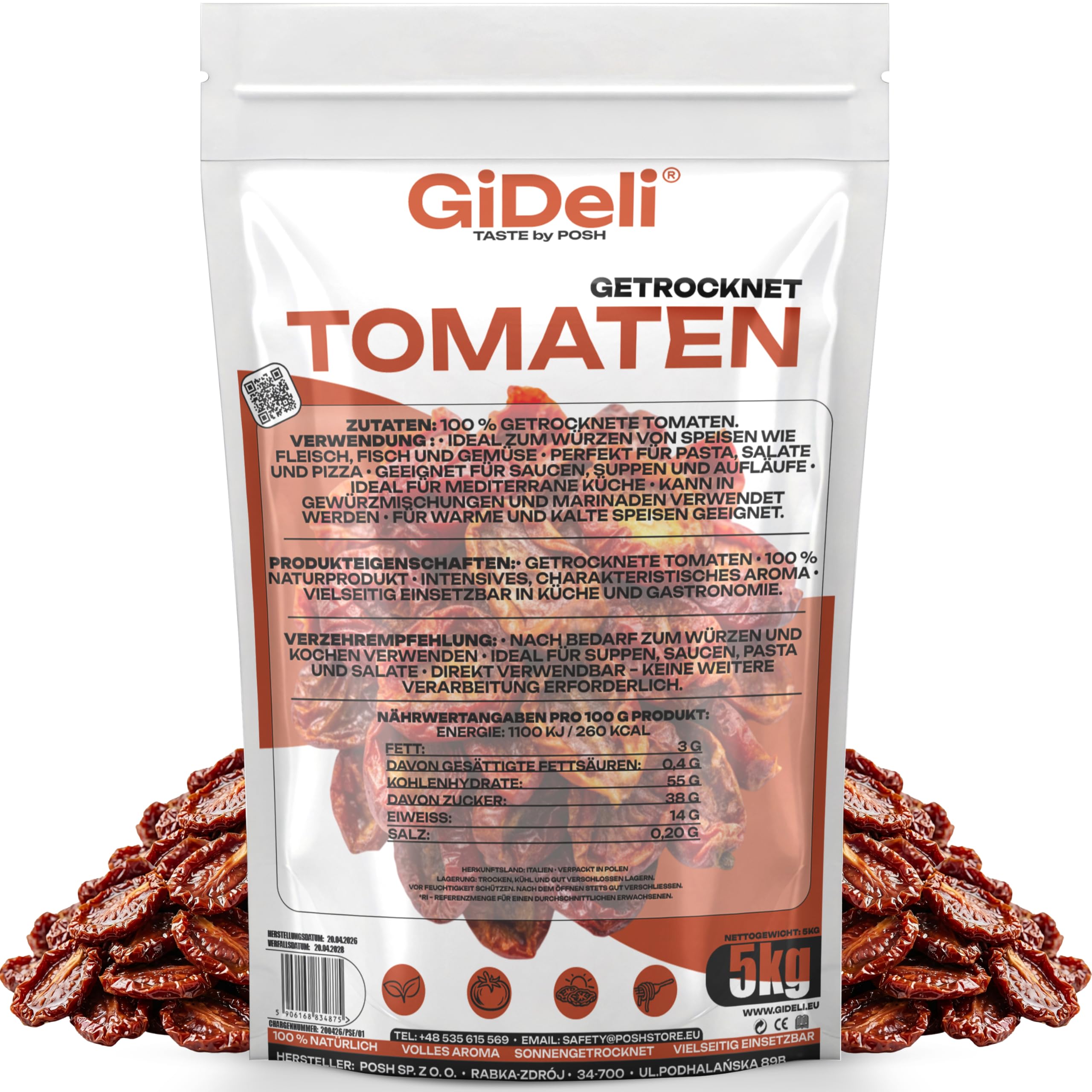 GiDeli Getrocknete Tomaten 5kg - Naturrein Ohne Künstliche Zusätze - Sonnengetrocknet aus Italien - Ideal für Pasta, Suppen & Salate - Direkt Verwendbar Ohne Einweichen - Hoher Proteingehalt - Vegan