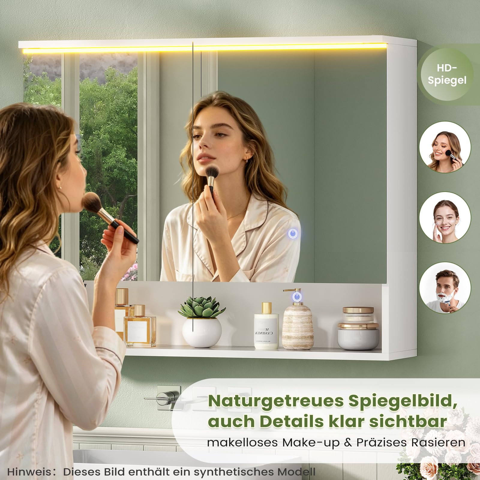 Spiegelschrank Bad mit LED-Beleuchtung und Steckdose 80 cm Breit | Doppeltür Badschrank mit HD Spiegel, Verstellbaren Ablagen, Offenes Regal, Badezimmerschrank, Wandschrank 80 x 19,5 x 75.5 cm