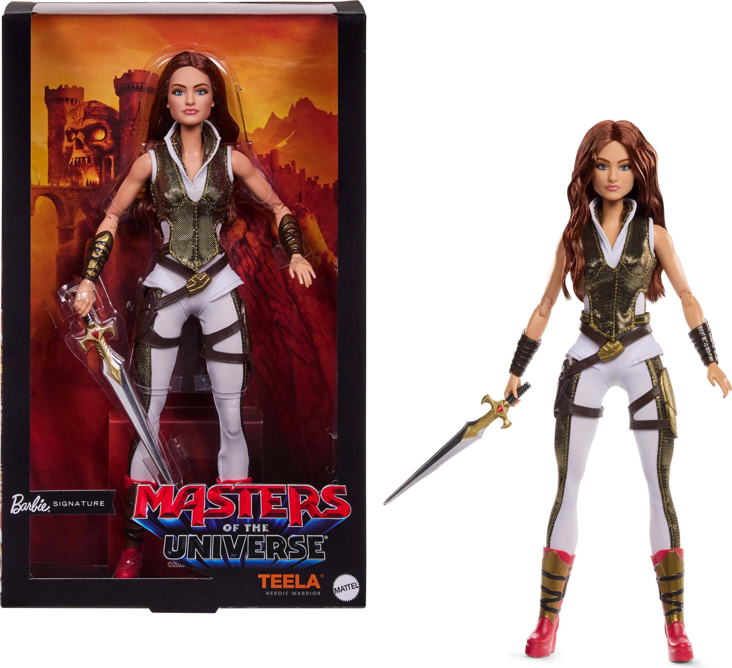 Barbie Signature Masters of the Universe Władcy Wszechświata Barbie Lalka kolekcjonerska Teela w kombinezonie, w zestawie „miecz” i podstawka dla lalki, zabawka dla dzieci 6+, JKG65