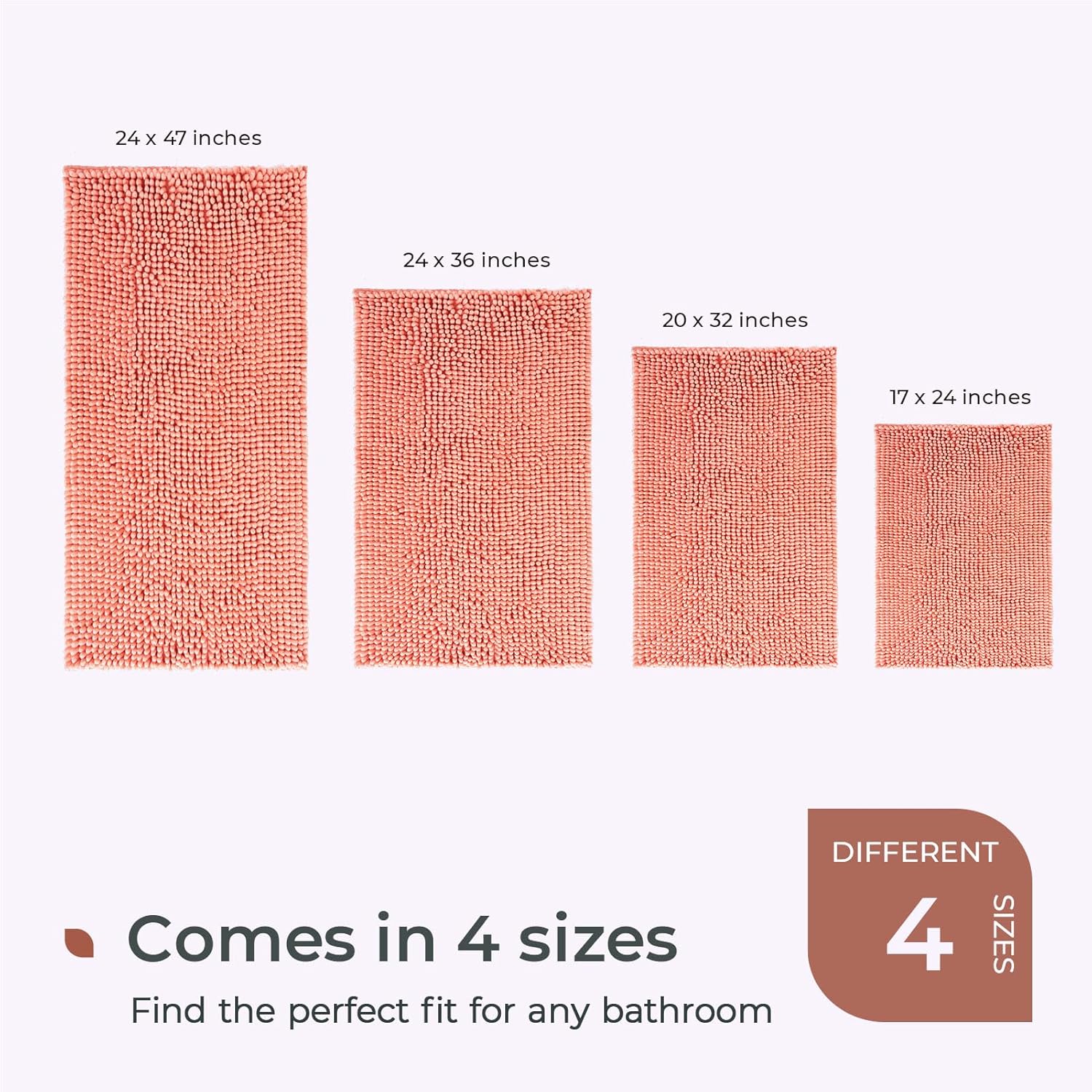 FRESHMINT Chenille Bathroom Rugs Mat 24"x17",Non-Slip Bath Mat for Bathroom Floor & Bathtub, Washable Soft Shower Shag Bath Rugs, Durable Fluffy Thick Water Absorbent Microfiber Shower Mat, Coral - Image 6