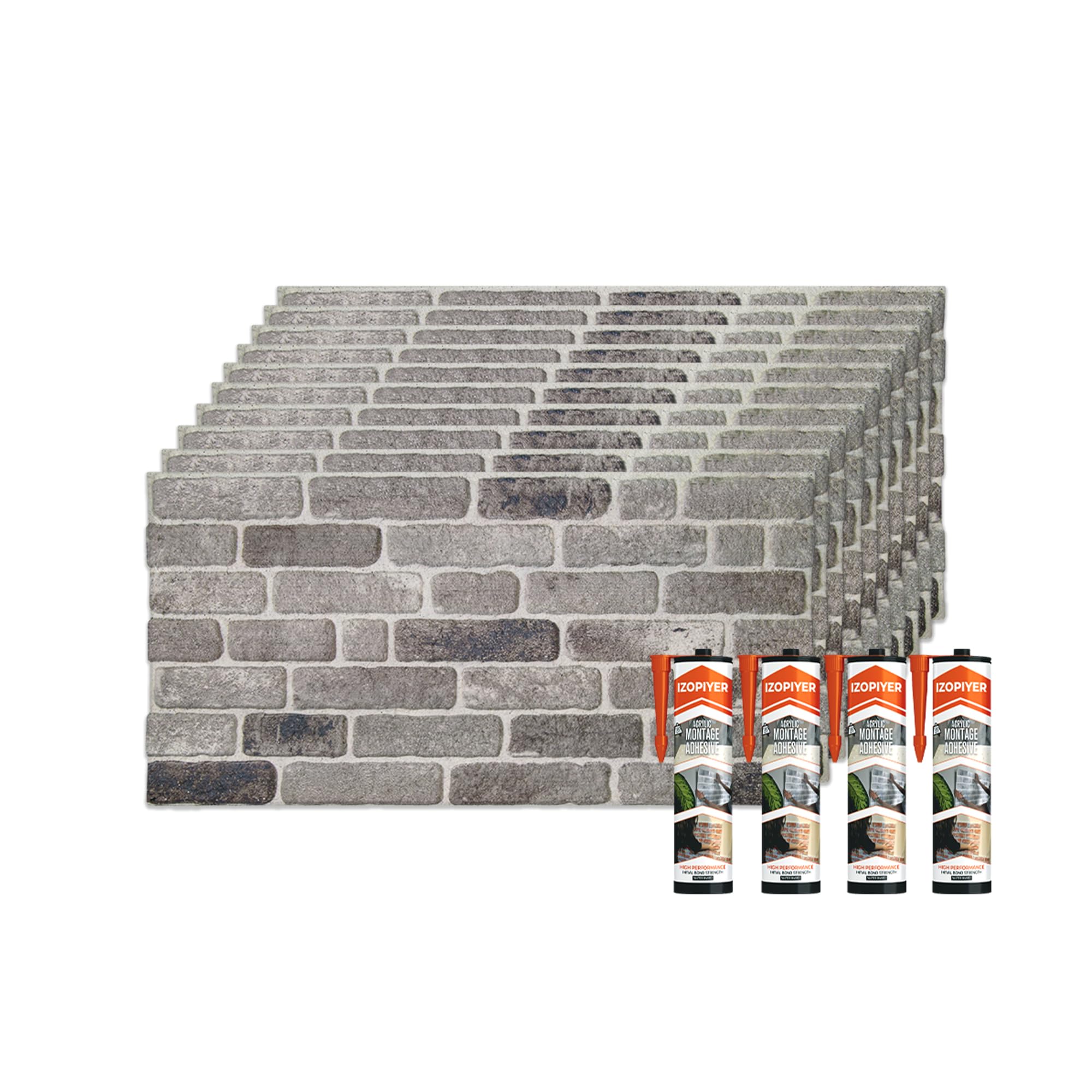 IZODEKOR Brick Effect 3D Wall Panels - Cladding with Adhesive Sealant, Stone Look, Styrofoam Facing for Living Room, Kitchen | Path of Gray (10 x Panels & 4 x Adhesive Sealant Included)