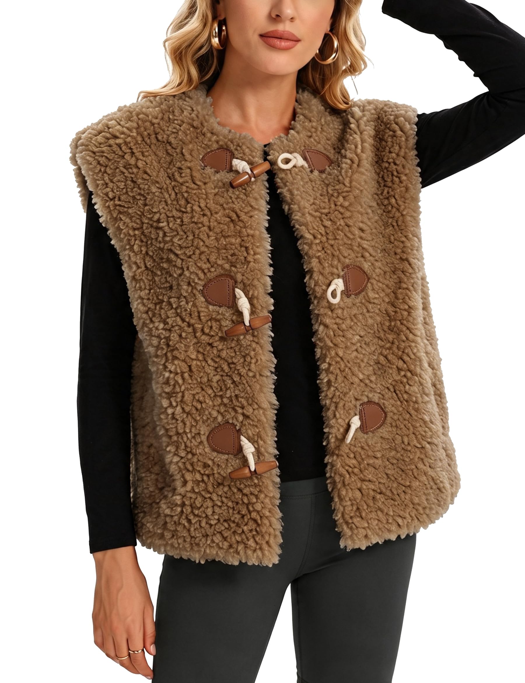 Gilet in pile da donna, con colletto soffice, senza maniche, con tasche