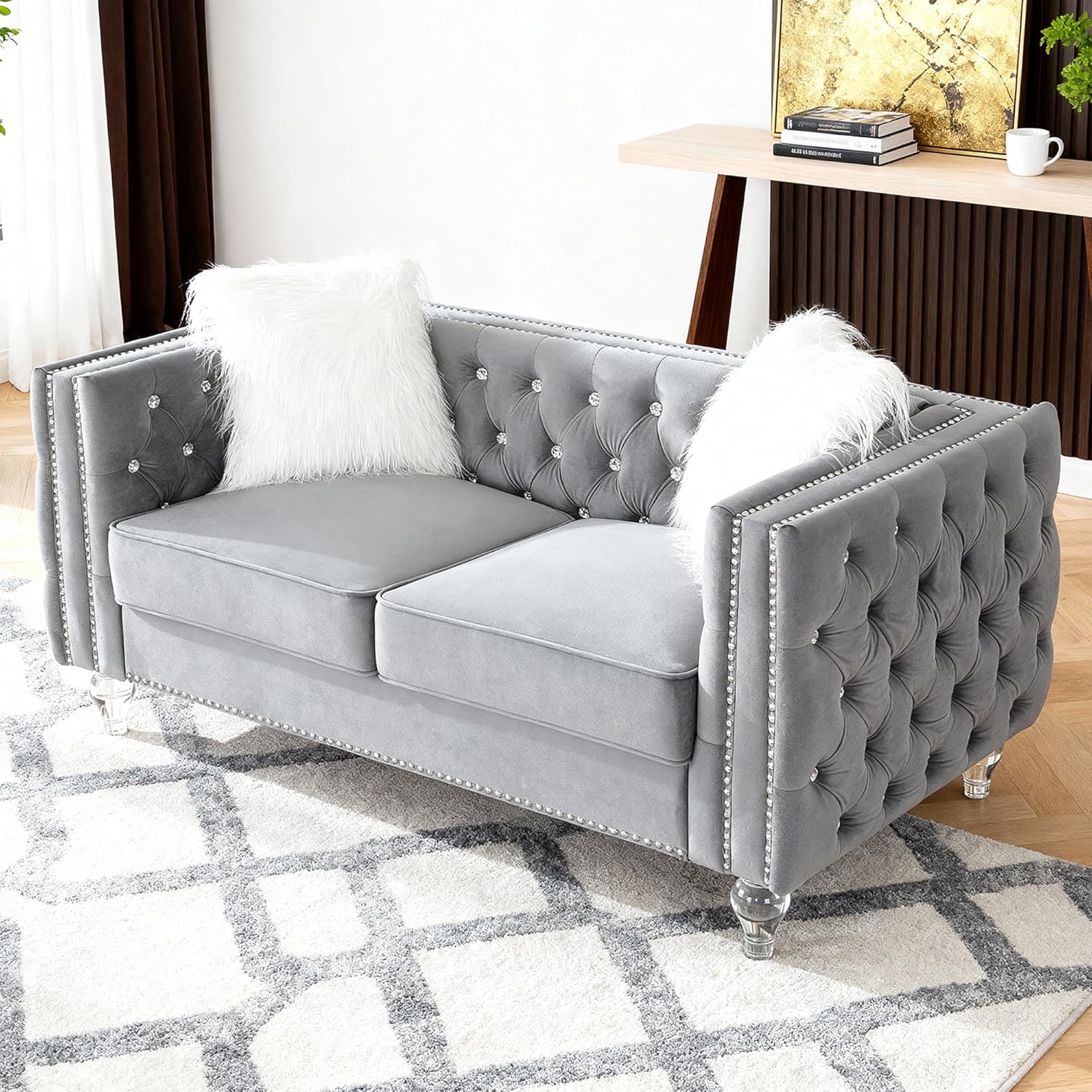 Luxury Loveseat Sofa Couch with Acrylic Legs,Chesterfield 2