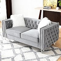 Vista 15 de Juego de 2 sofás Chesterfiled de lujo para sala de estar, 2 sofás modernos con botones de diamante con patas de cristal acrílico, juego de 2 sofás