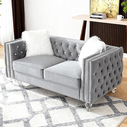 Vista 15 de Juego de 2 sofás Chesterfiled de lujo para sala de estar, 2 sofás modernos con botones de diamante con patas de cristal acrílico, juego de 2 sofás