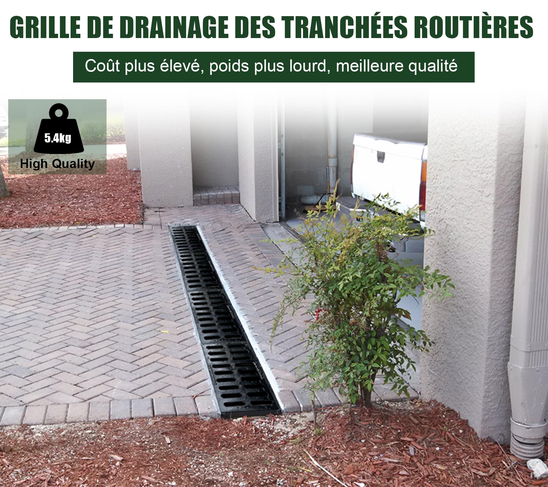 Rejilla de drenaje para zanjas, 500 x 300 mm, de hierro dúctil, resistente, rectangular, rejilla de drenaje de metal, para entradas, jardines, eliminación de aguas residuales, senderos
