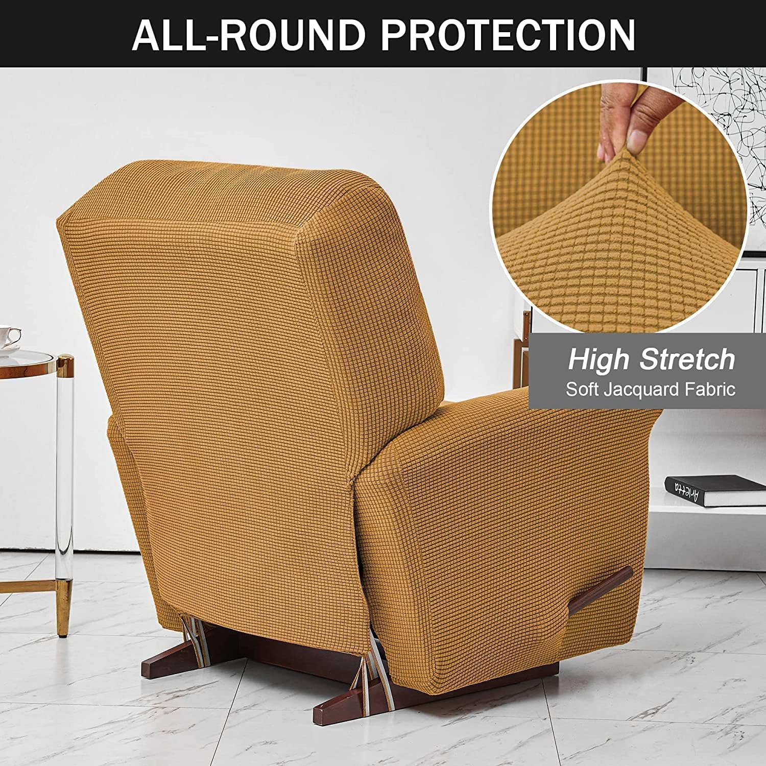 Stretch Recliner Chair Covers Soft Recliner Cover Washable Recliner Sofa Slipcover 4-Piece Lazy Chair Covers with Side Pocket for Living Room (Color : Gold)