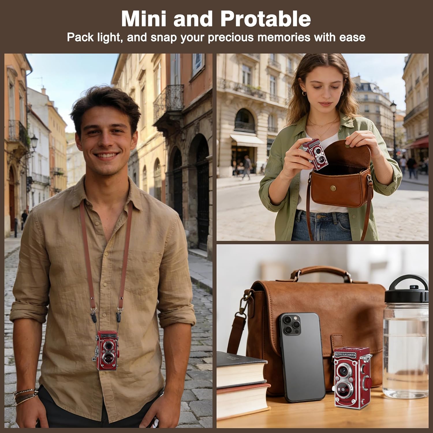 Mini Retro TLR Digital Camera, Portable 24MP 1080P FHD Vintage Point and Shoot Pocket Travel Camera with Twin Lens, Autofocus, 16X Digital Zoom, 16GB Card, for Beginners, Teens & Adults - Red