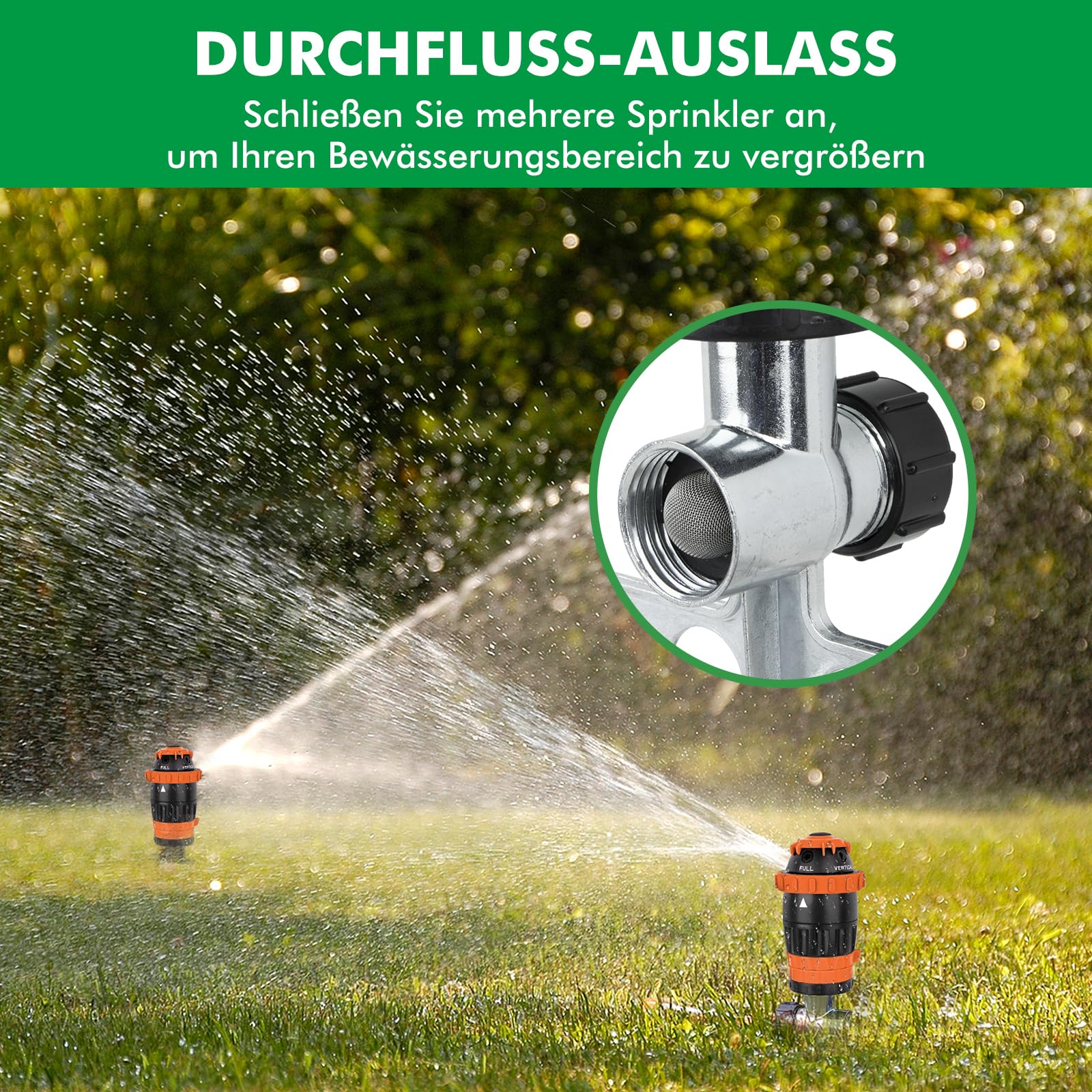 RESTMO Getriebe-Sprinkler mit Metallspike-Basis – Rasensprenger für große Flächen, 5 Muster, Bewässerungssystem für Rasen & Beete, Gartensprinkler, Reichweite 15 m, 180 m² Abdeckung, Grün, Orange