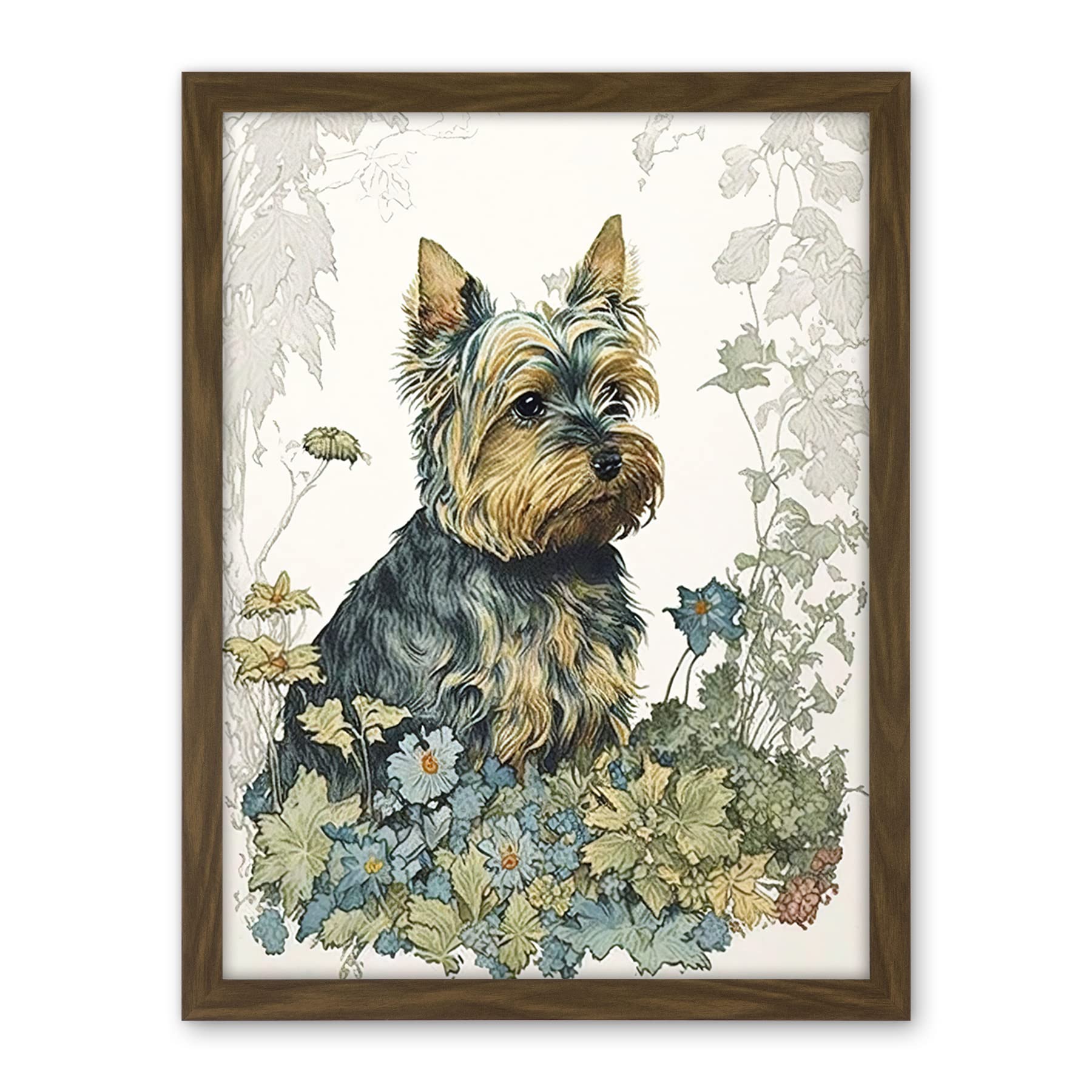 Artery8 Yorkshire Terrier Dog in Wildflowers Watercolour Illustration Artwork Framed Wall Art Print 18X24 Inch