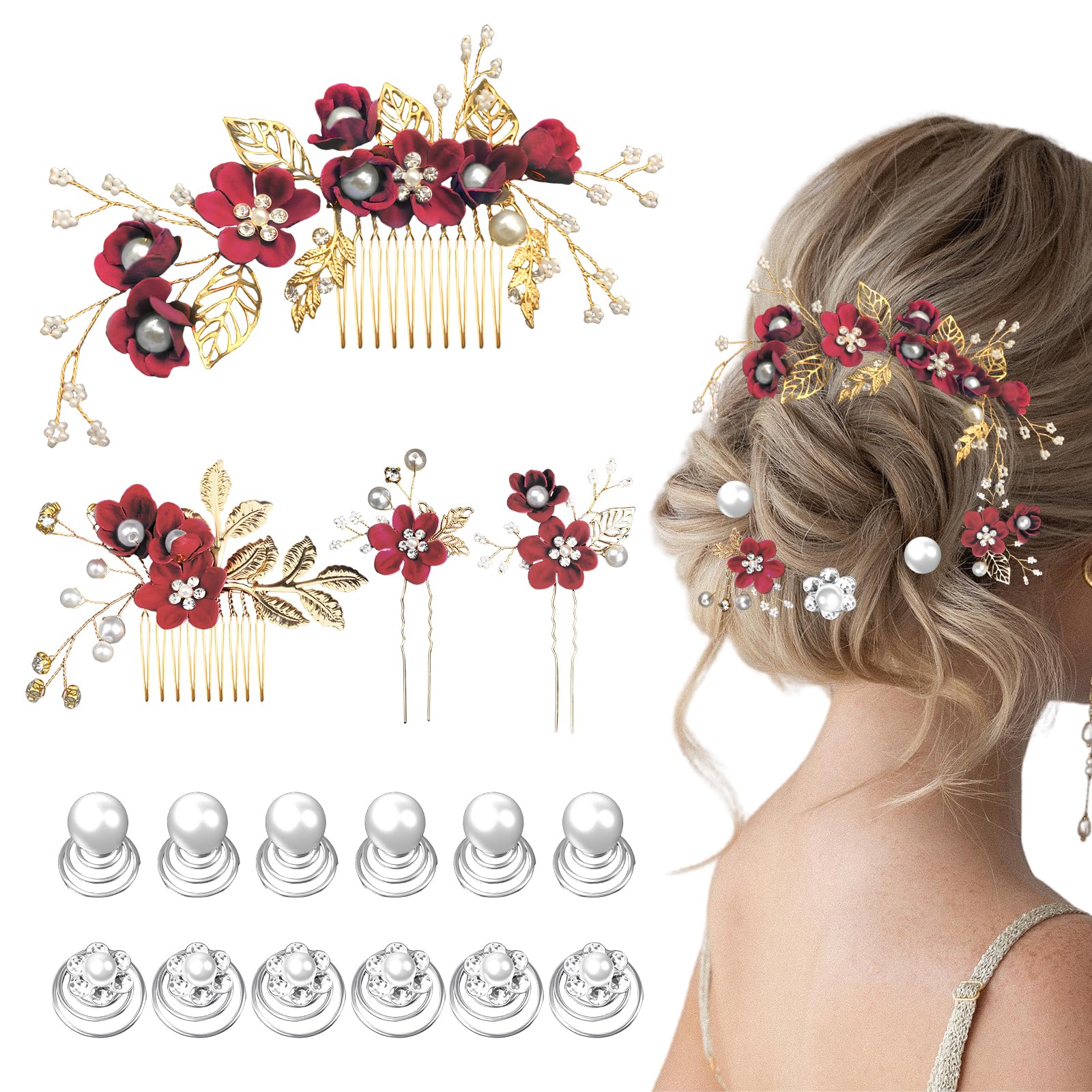 16PCS Burgundy Hair Accessories, Flower Bridal Hair Comb & U-Shaped Pins & Spiral Twist Pearl Hair Decorations