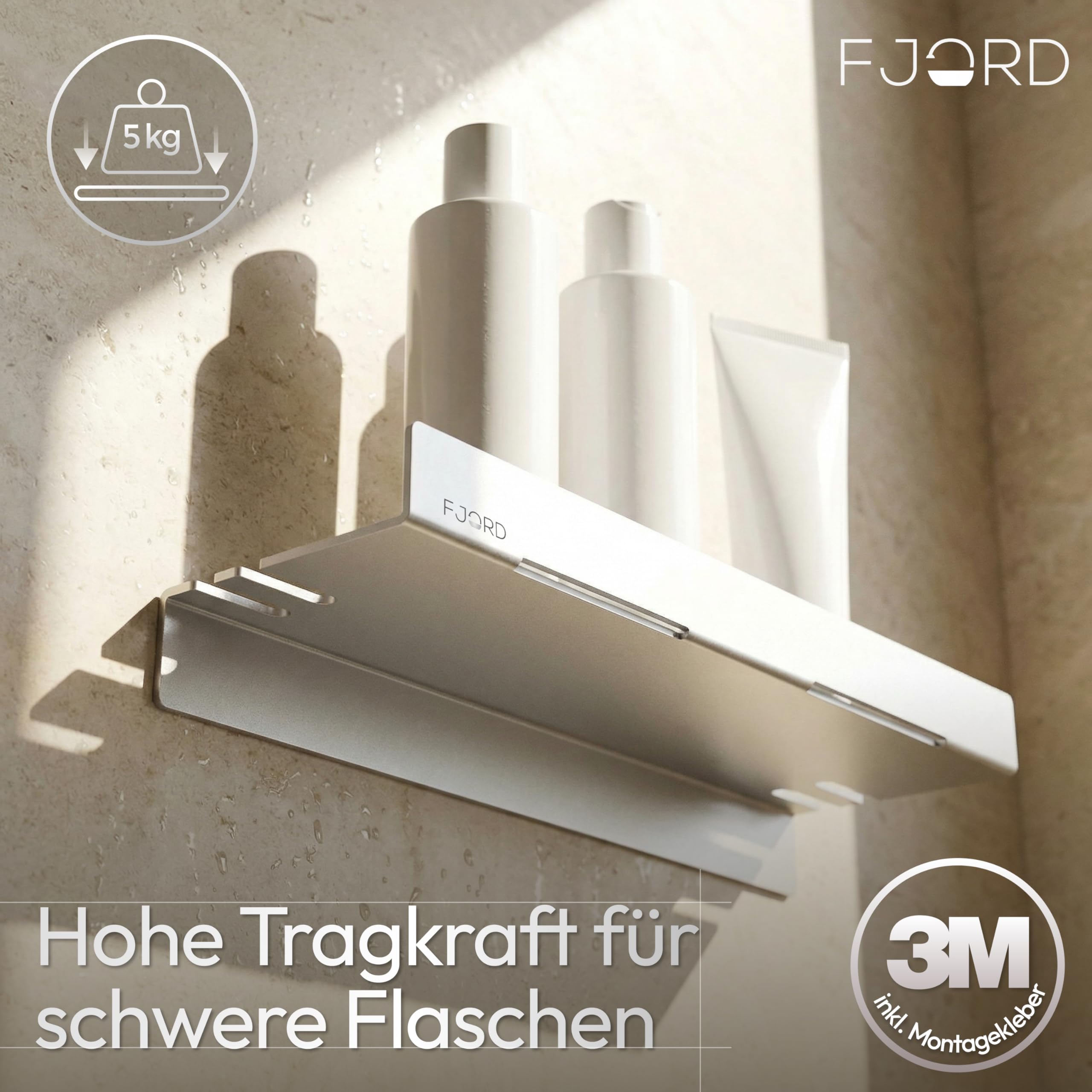 FJORD Flow Premium Duschablage ohne Bohren [Matt Silber] – Design Duschregal mit integriertem Rasiererhalter – Rostfreies Aluminium – Selbstklebend mit Hybrid-Haftsystem – Modernes Badzubehör