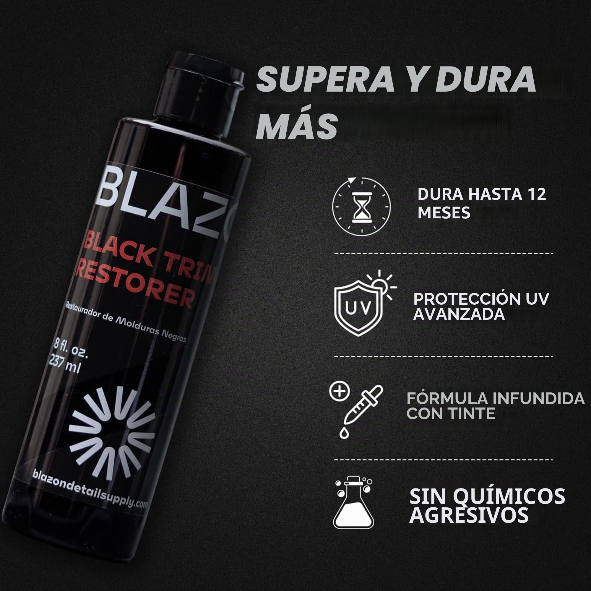 BLAZON Black Trim Restorer - Restaurador de plástico con infusión de tinte para molduras exteriores desteñidas, acabado negro profundo, corrección de arañazos, larga durabilidad y protección UV, 8