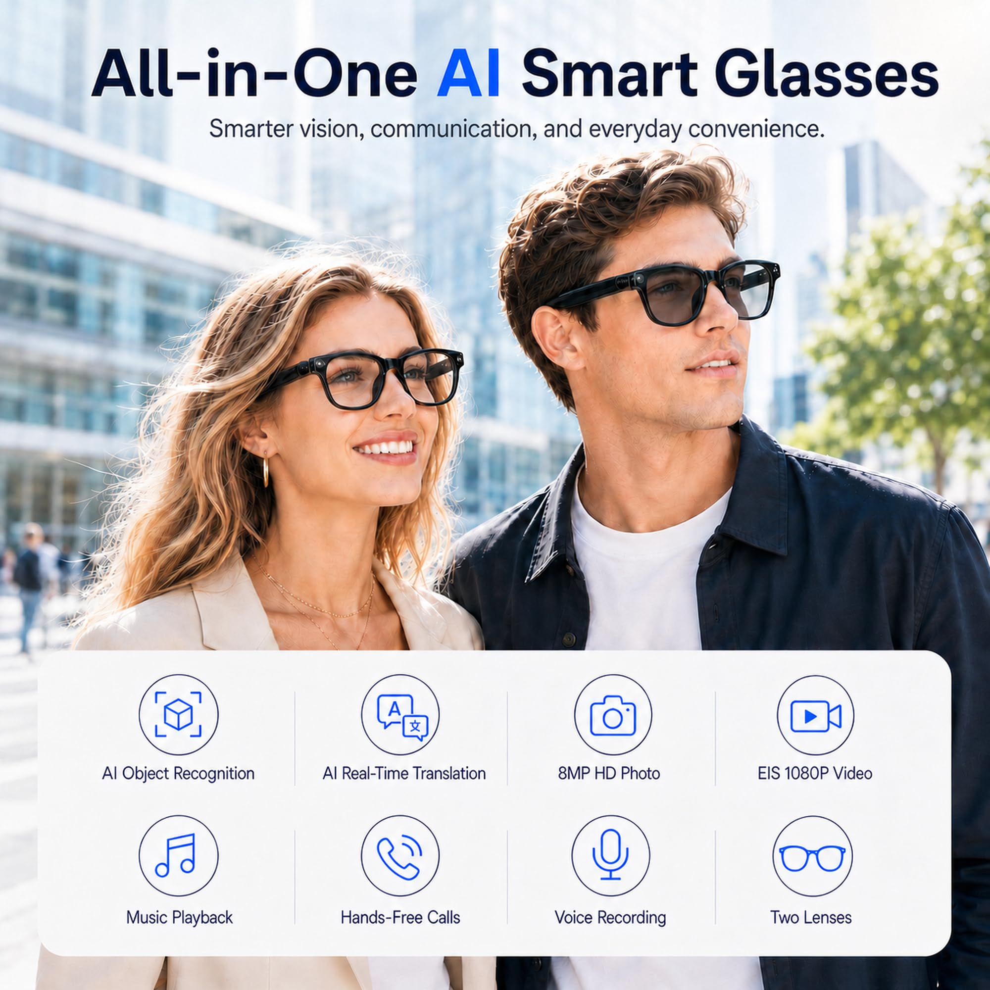 AI Smart Glasses Lunettes Intelligentes avec Caméra Vidéo Appels Bluetooth | Lunettes Connectées IA Caméra 8MP Vidéo 1080P EIS Traduction en Temps Réel Reconnaissance d’Objets IA Musique Vlog et Voyage