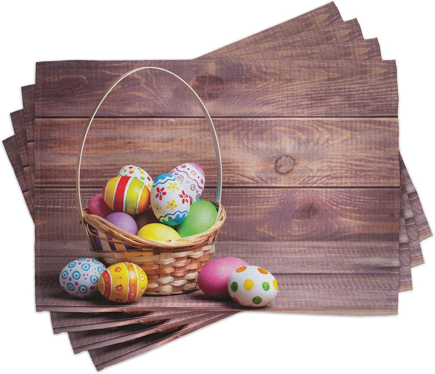 Ambesonne Easter Place Mats Set of 4, Colorful Eggs with Flowers and Polka Dots in a Weave Basket on Wooden Rustic Pattern, Washable Fabric Placemats for Dining Table, Standard Size, Pale Chocolate