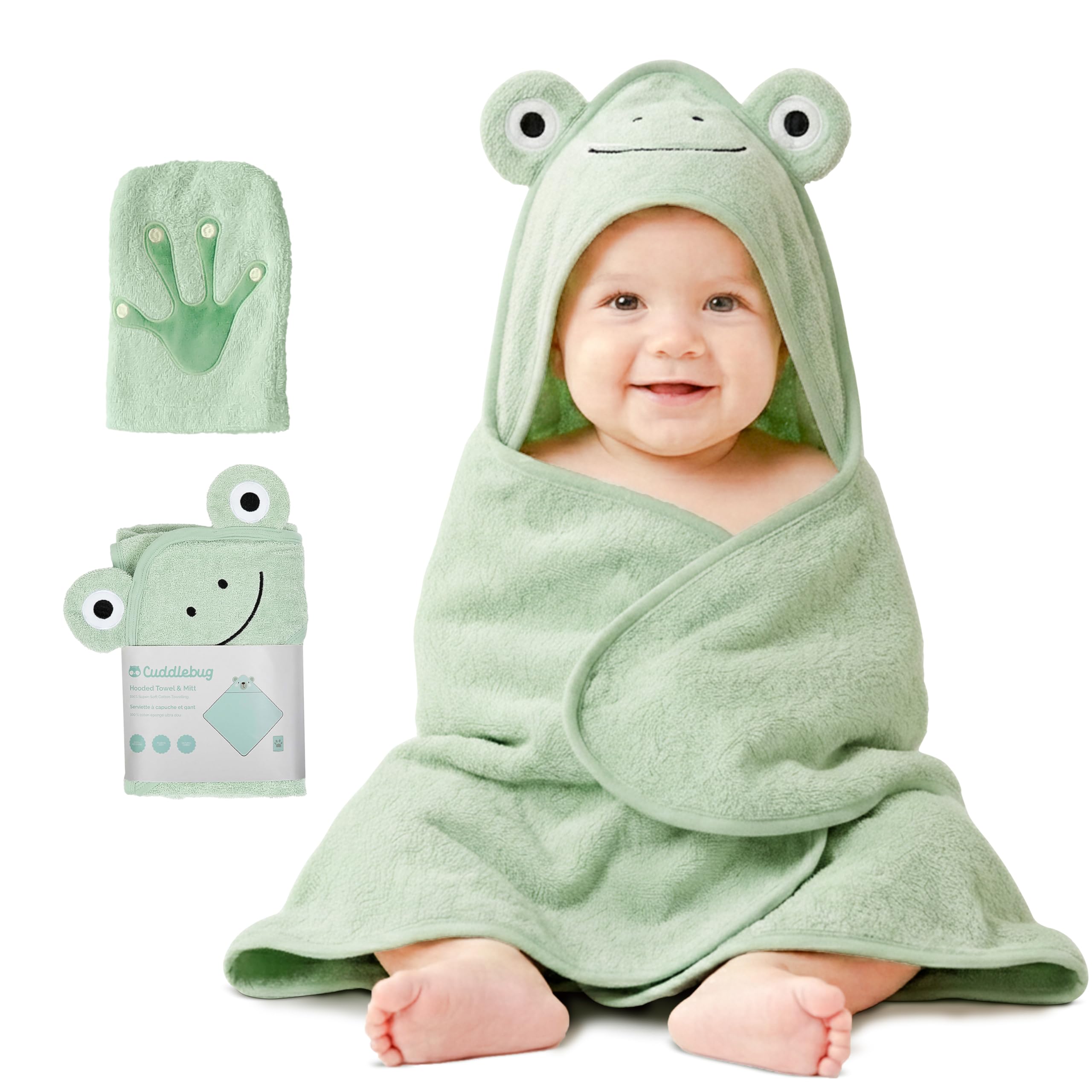 CuddleBug Premium Baby Kapuzenhandtuch & Waschlappen Set - 100% Baumwolle Frottee - Weiches Baby Badetuch für Neugeborene & Kleinkinder - Baby Erstausstattung Geschenk (75 x 75 cm) - Frog