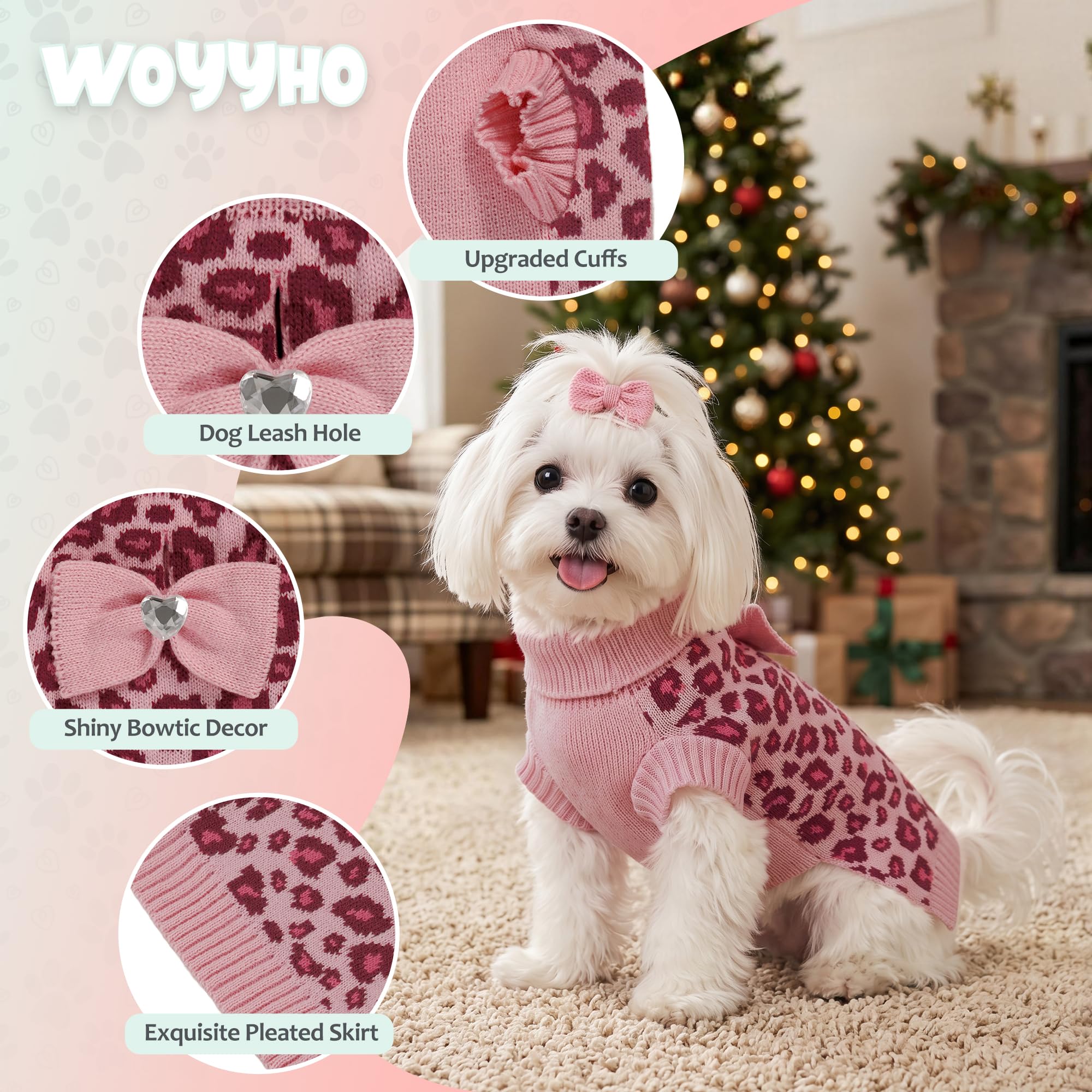 WOYYHO Hundepullover für kleine Hunde und Mädchen mit Fliege, Rollkragen, Leopardenmuster, Hundepullover mit Loch für die Leine, warm, gestrickt, Welpenpullover, Haustier, Hunde, Winterkleidung für