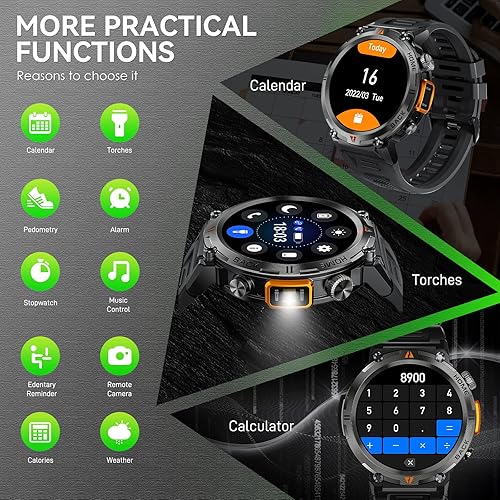 Miniatura 5 de Reloj inteligente militar para hombre (recepción de llamadasmarcación) con linterna LED, 1.45 pulgadas HD resistente al aire libre, reloj