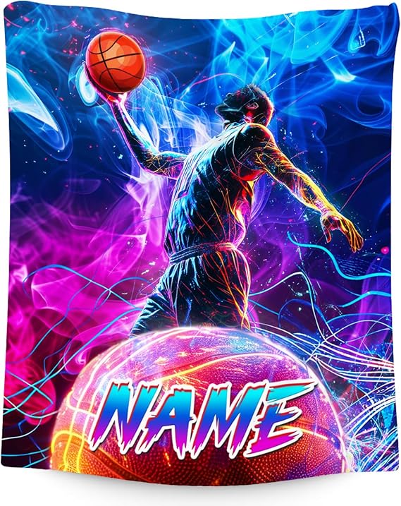 Basketball Blanket Gifts, Custom Blankets for Boys, Personalized Kids Throw with Name, Soft Fleece Sport Throw for Couch & Sofa, 50"x60"