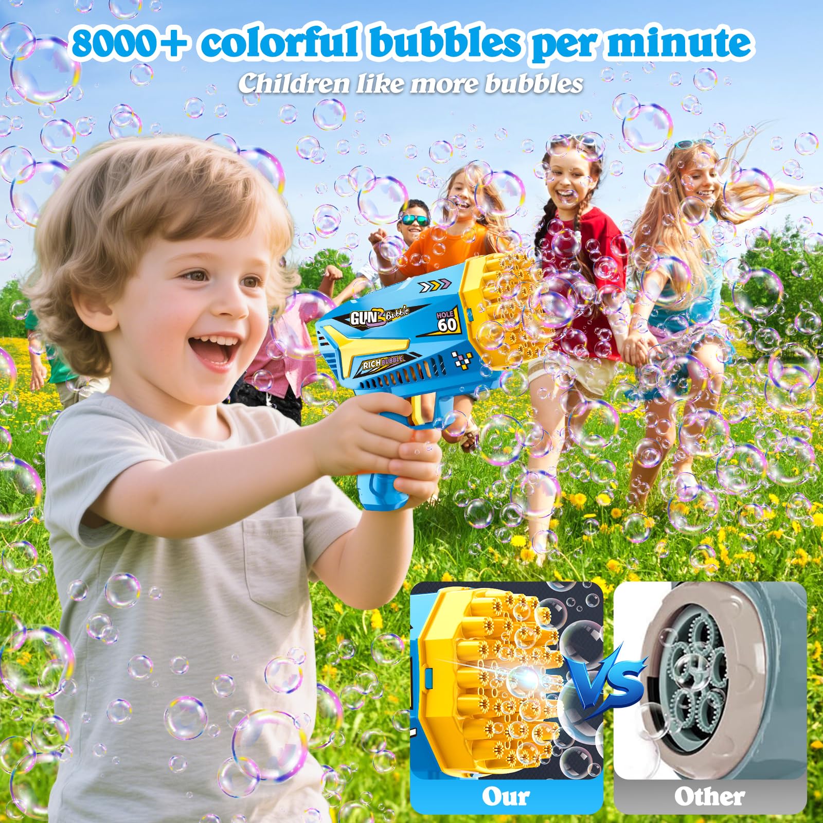 GMUFTIR Pistola de Burbujas, 2 Piezas Máquina Automática Pompas de Jabón, con 4 Botellas de solución, 10 Packs Solución de Recarga de Burbujas, para Niños, Adultos, Juguete de Verano — view 5
