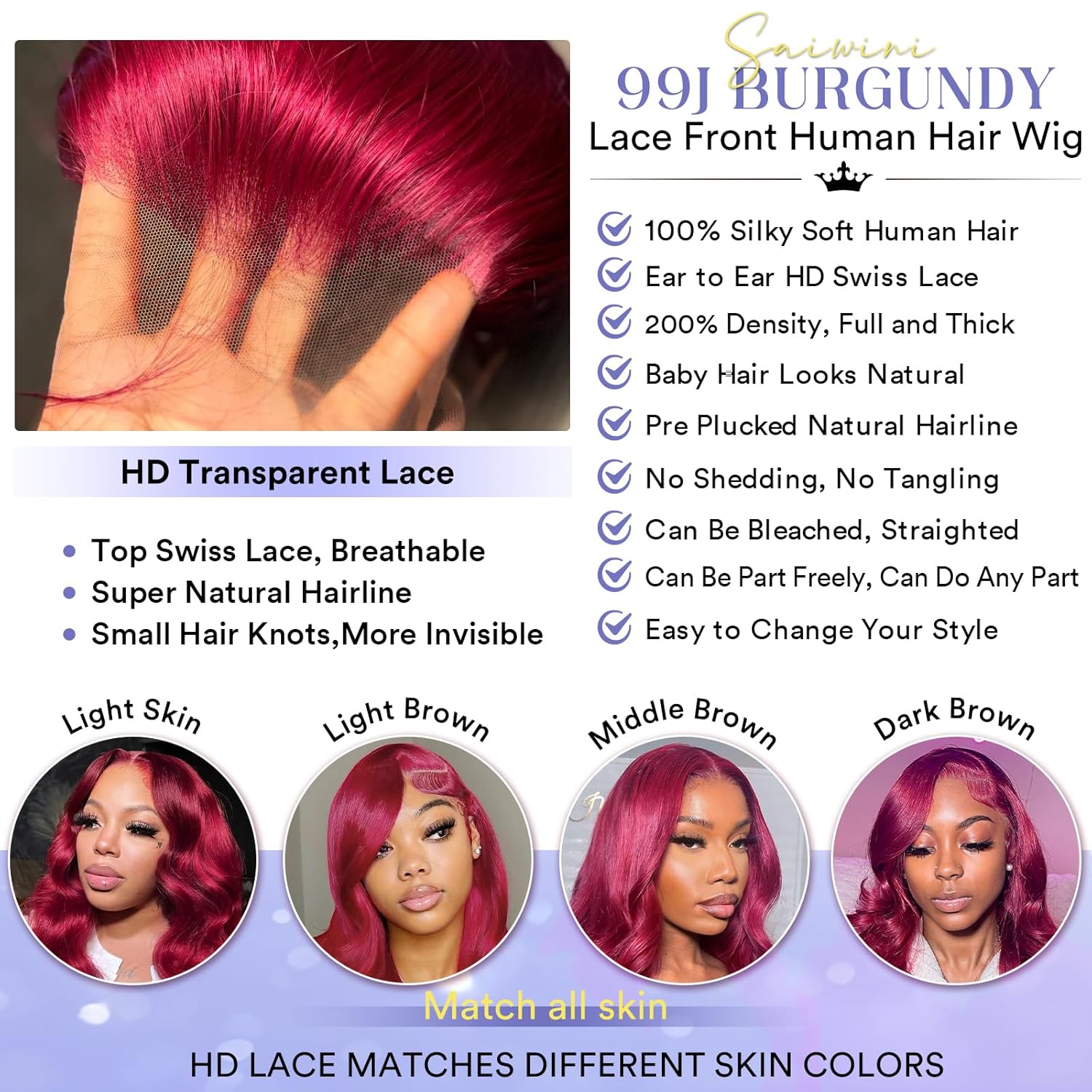 28 Inch 99j Burgundy Lace Front Wigs Human Hair 13x4 HD Red Burgundy Wig Human Hair 200 Density Wine Red Body Wave Lace Front Wigs Pre Plucked Glueless Frontal Wigs for Women - Image 5