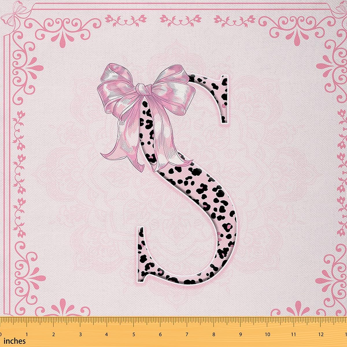 Initial Letter S Fabric by The Yard Dreamy Pink Bowknot Decor No Stretch Fabrics for Sewing Supplies Black Leopard Print Decor Soft Polyester Fabric for DIY Home Accents 1 Yard Pre-Cut,36"x59"