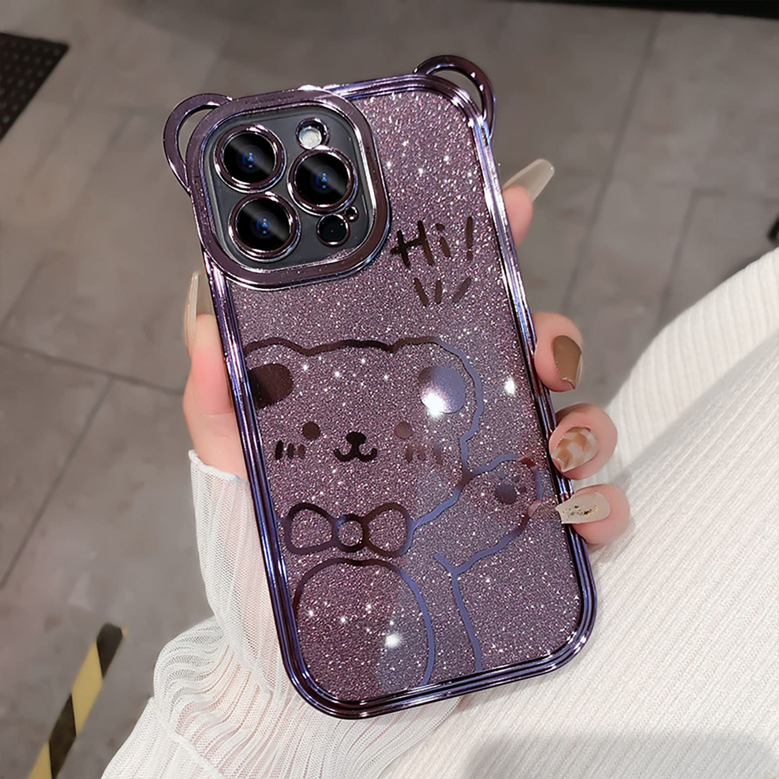 Losin Compatible with iPhone 14 Pro Max Case Cute Cartoon Bear Phone Case 3D Kawaii Design Fashion Glitter Soft Slim TPU Cover Camera Lens Protective for iPhone 14 Pro Max Women and Girls, Purple