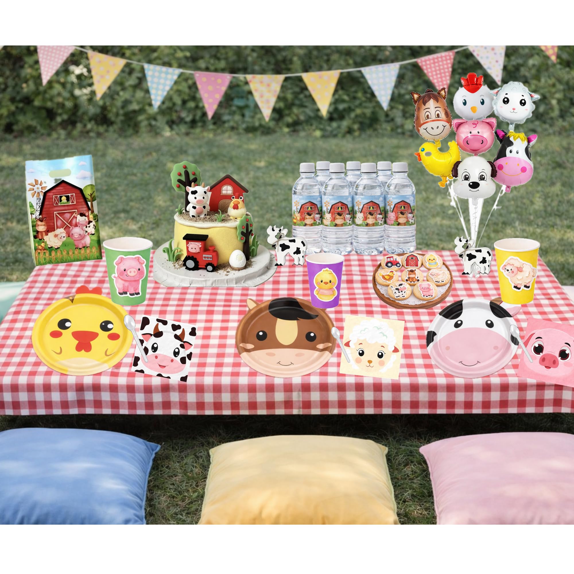 Pack Cumpleaños Infantil granja 10 niños -Decoracion Mesa Completa y Detalles Invitados-Fiesta Infantil Granja.101 unidades.