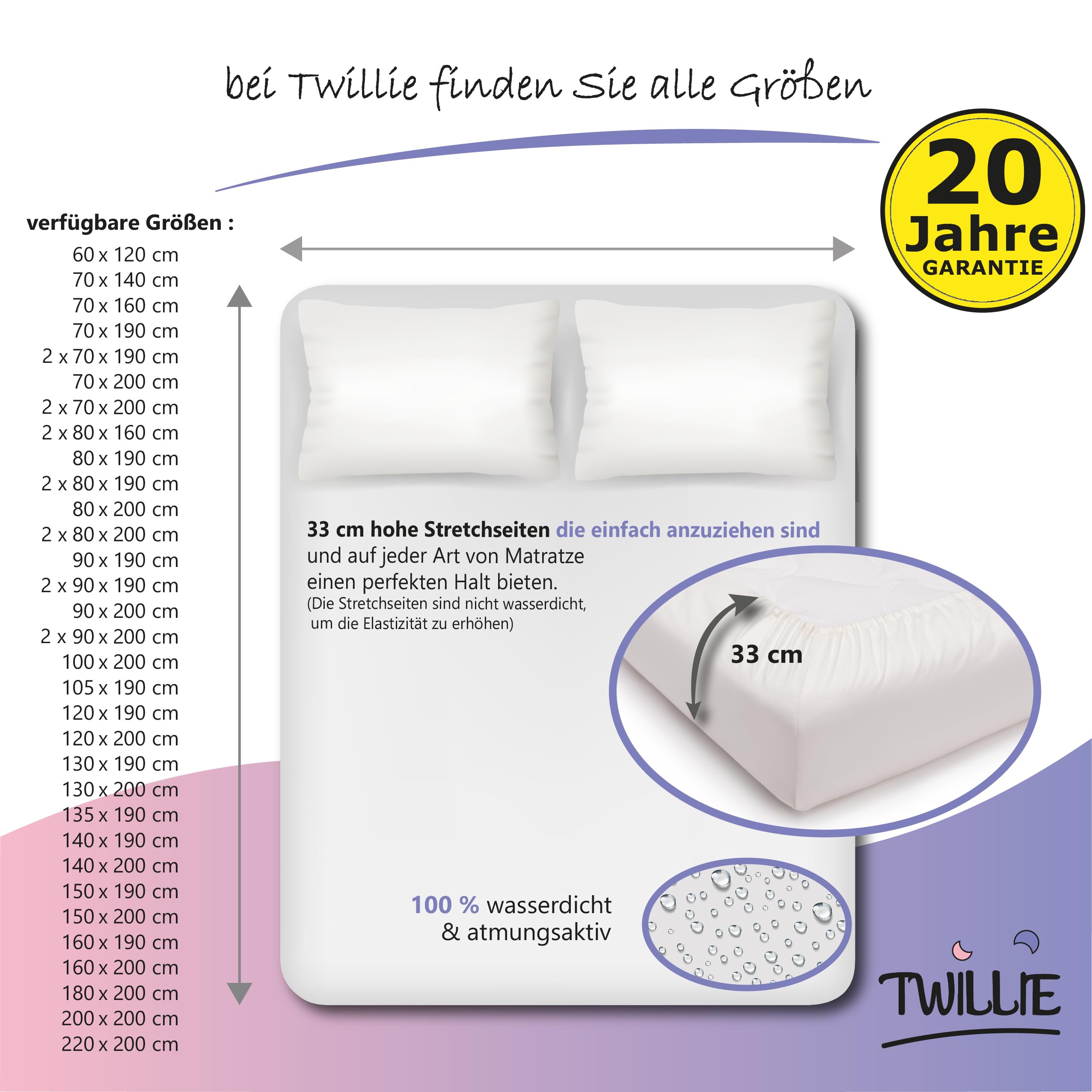 Twillie – Matratzenschoner 200 x 220 cm Wasserdicht - Matratzen-Topper zertifiert Oeko-TEX® Aegis® - Atmungsaktive Matratzenauflage – Hygienischer Anti-Milben Matratzenbezug - 20 Jahre Garantie Blanc