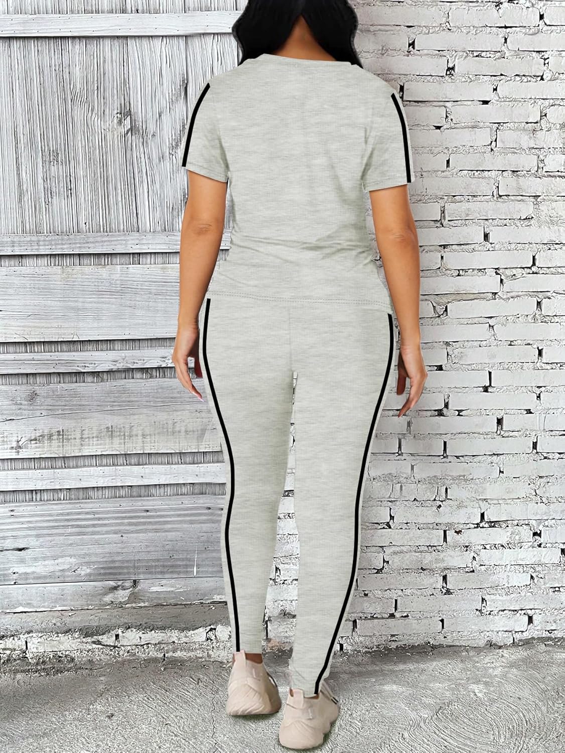 BNGPIKLY Women's 2 Piece Outfits Sweatsuit Summer Workout Striped Short Sleeve Long Sweatpants Casual Jogging Lounge Set - Image 4