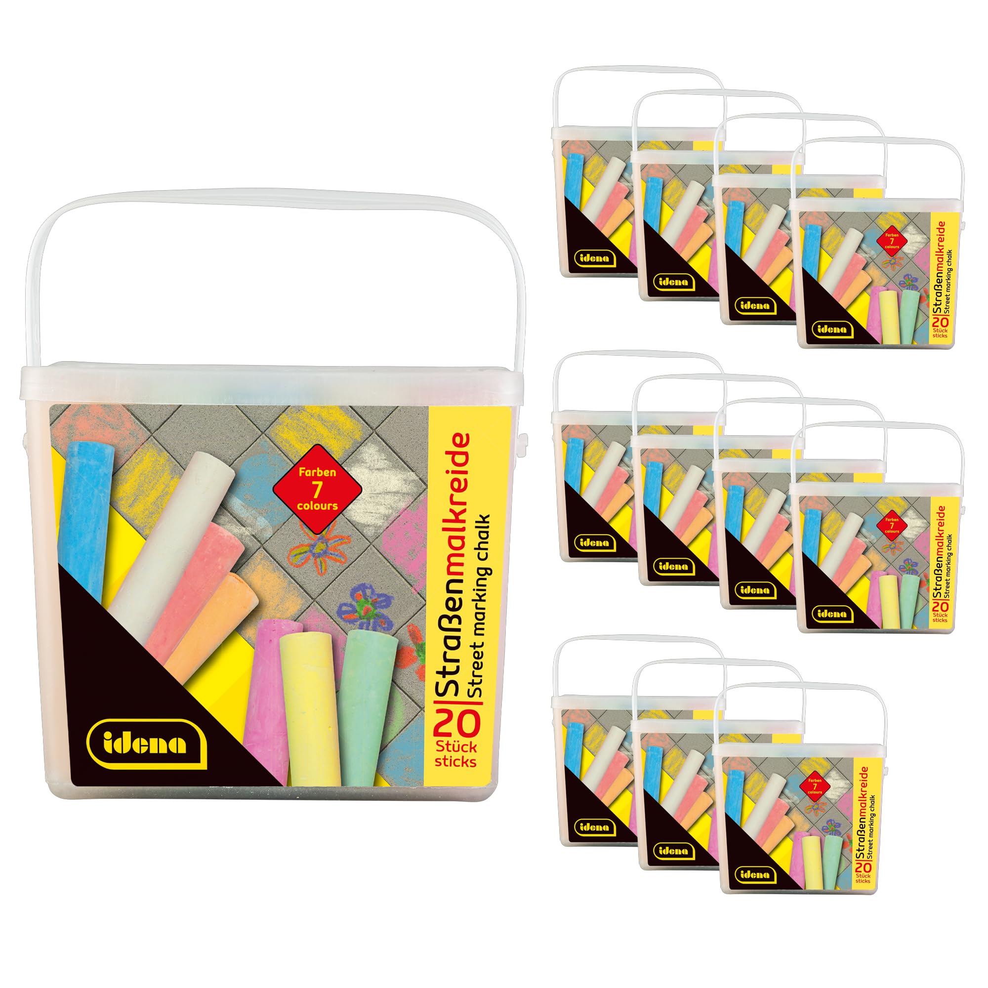 Idena 90442 - Gesso Stradale in Secchiello con Manico, 12 scatole con 20 Bastoncini ciascuna in 7 Colori, Gesso Stradale per dipingere Asfalto, pavimentazione o Cemento
