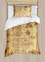 Vista 1 de Ambesonne Juego de funda de edredón con mapa de la isla, superdetallado, mapa del tesoro grungy rústico, tema de historia del mar secreto dorado