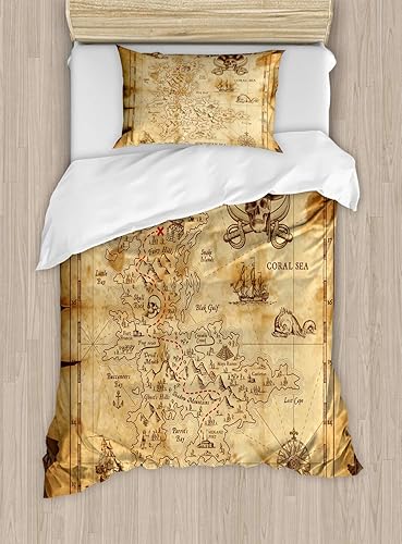 Ambesonne Juego de funda de edredón con mapa de la isla, superdetallado, mapa del tesoro grungy rústico, tema de historia del mar secreto dorado,
