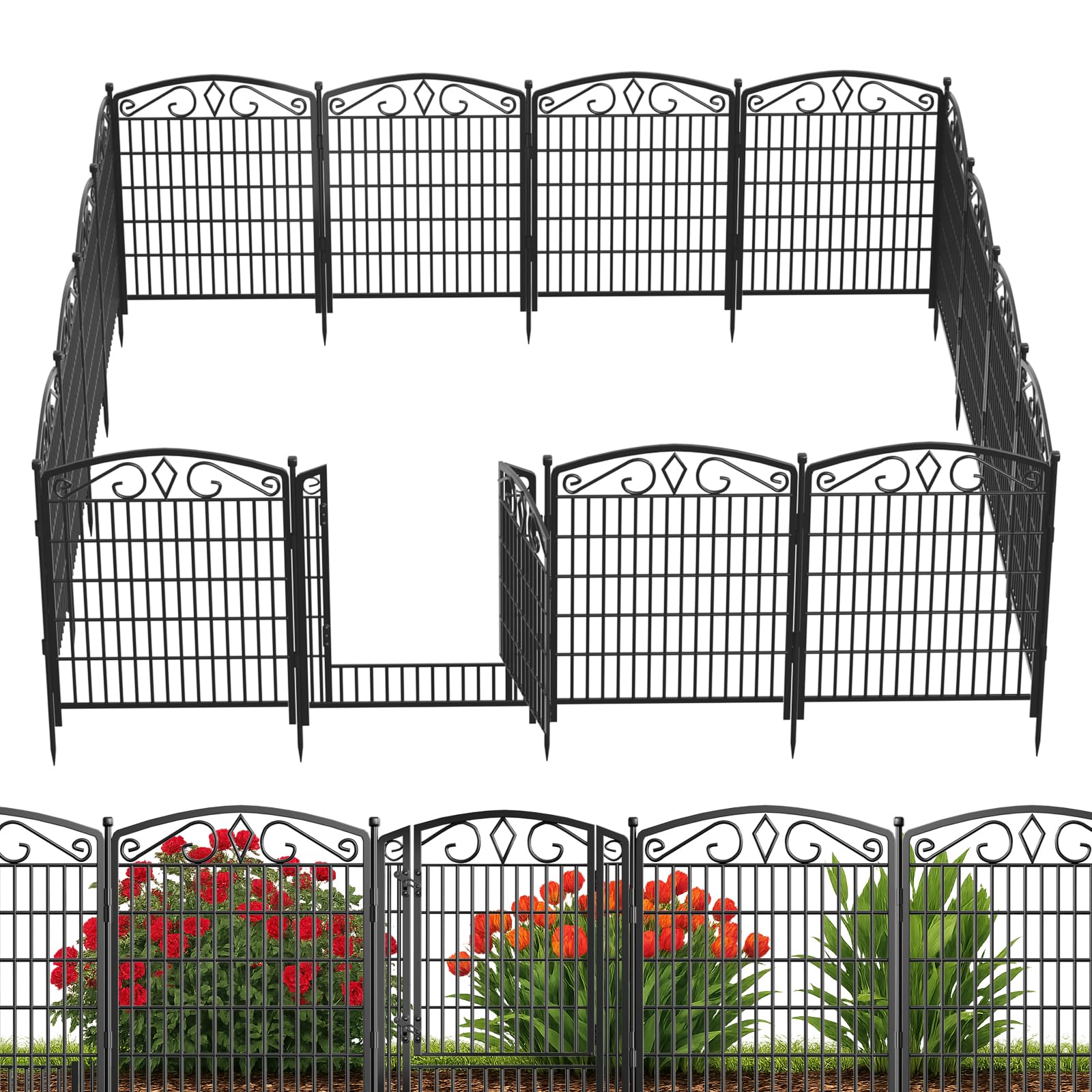 GATKITOM 12-Panel No Dig Decorative Garden Fence with Gate