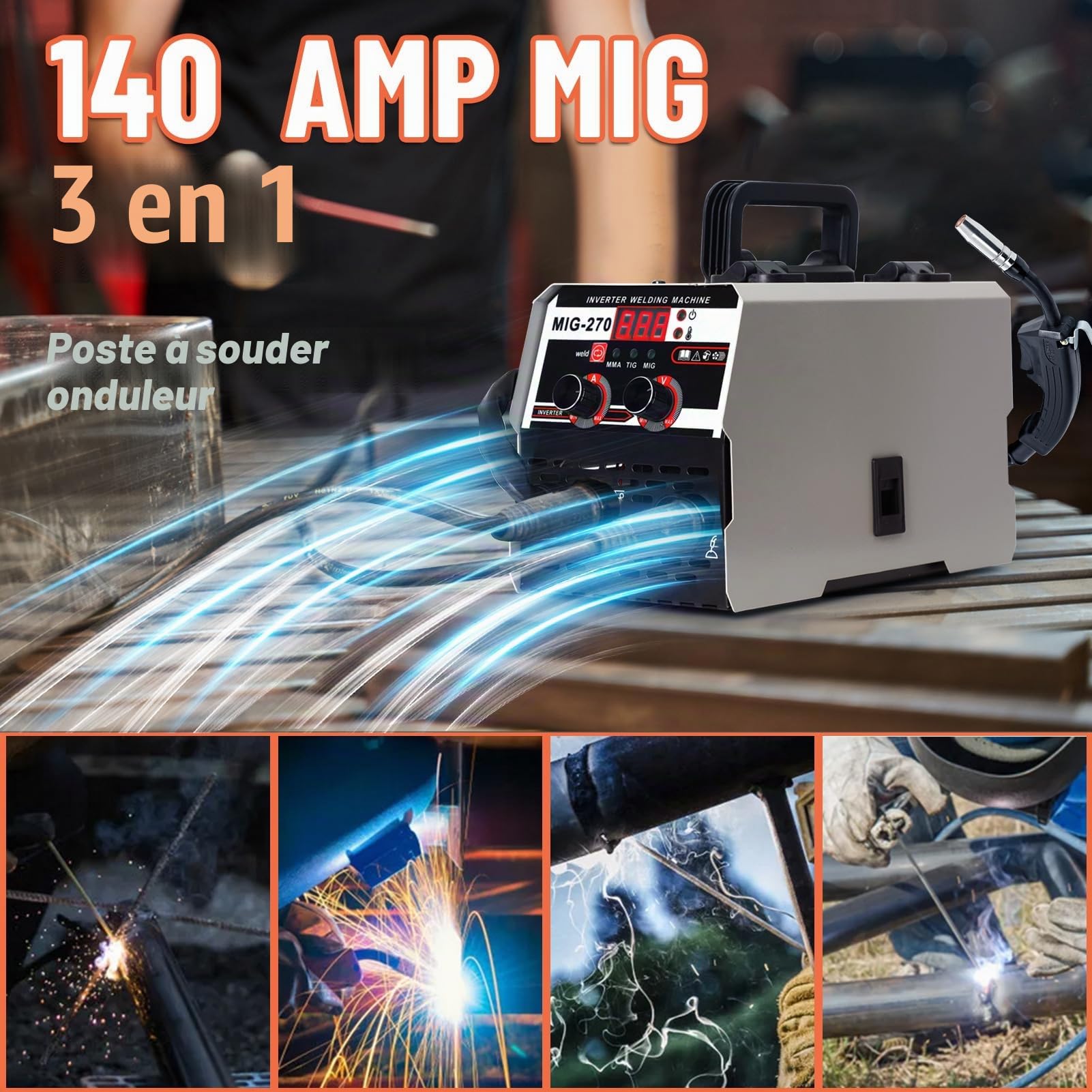 Poste à Souder MIG-270 Poste à Souder MIG 250 A Poste de Soudage Portable Soudeuse Inverseur à Fil Fourré Machine à Souder 3 en 1 Équipement pour Soudage Acier au Carbone (Gris)