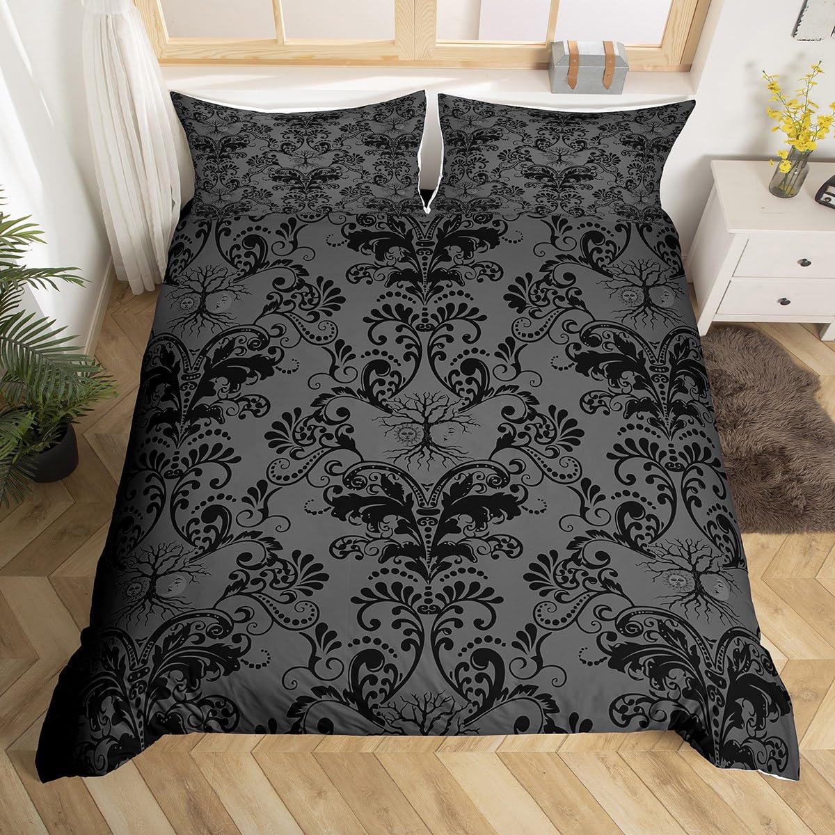 Homewish Adults Black Damask Bedding Set Antique Victorian Baroque Kingsize Duvet Cover Sets, Gothic Vintage Floral Comforter Cover Boho Sun and Moon Bed Set, Exotic Tree of Life Boho Decor, Grey โ image 1
