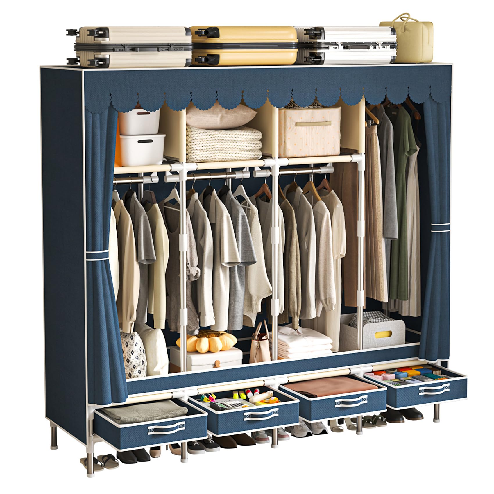 Armario grande independiente de 67 pulgadas para colgar ropa, armario portátil de metal resistente con cajones, cubierta de tela no tejida azul, para dormitorio, habitación pequeña