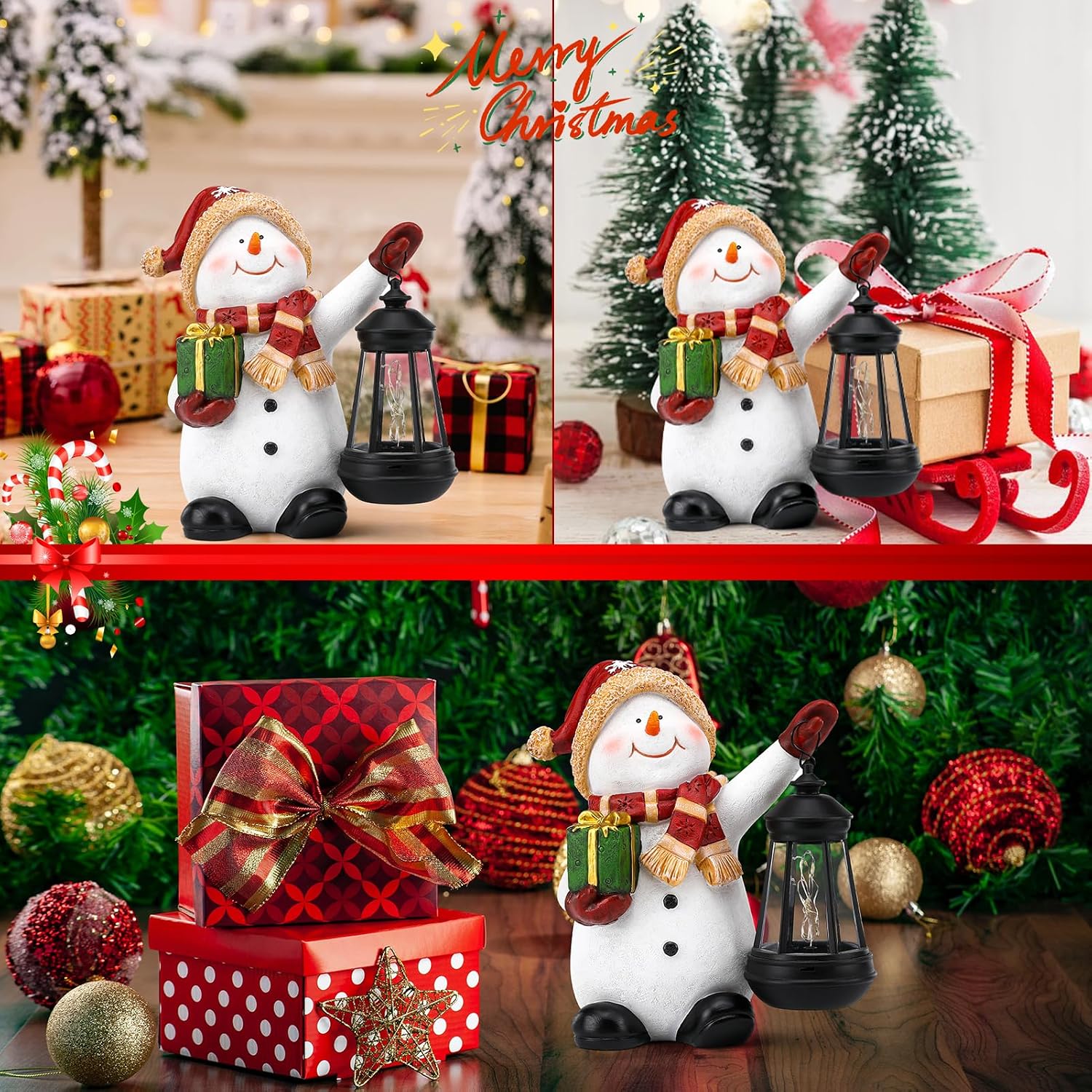 Solar Christmas Snowman Decoration Resin Snowman Outdoor Statue with LED Lantern for Porch Garden Patio Yard Home Decor Christmas Gardening Gifts for Women Mom