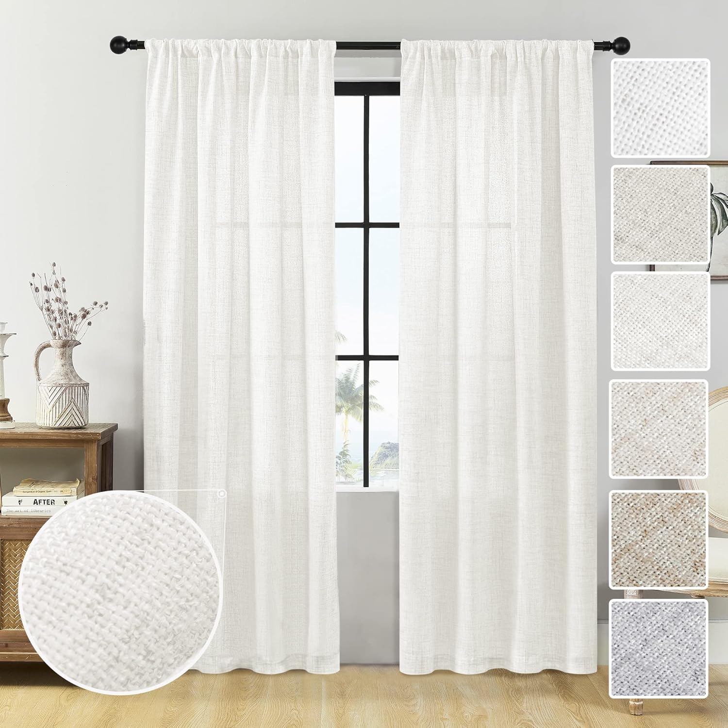 Ivory Linen Curtains 96 Inches Long for Living Room 2 Panel Set Rod Pocket Modern Farmhouse Boho Linen Drapes Off White Sheer Window Curtain Panels for Bedroom Closet Door, 96 Inch Length Cream White 50"W x 96"L