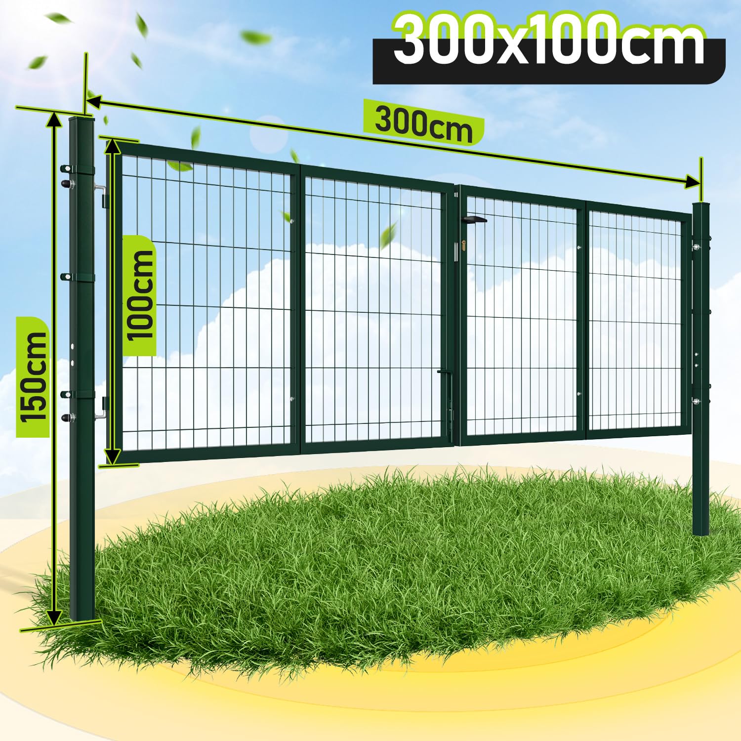 300x100 cm Cancello da giardino in metallo zincato, porta da giardino a doppia anta in acciaio, con maniglia, serratura e 3 chiavi, robusto cancello da cortile, verde