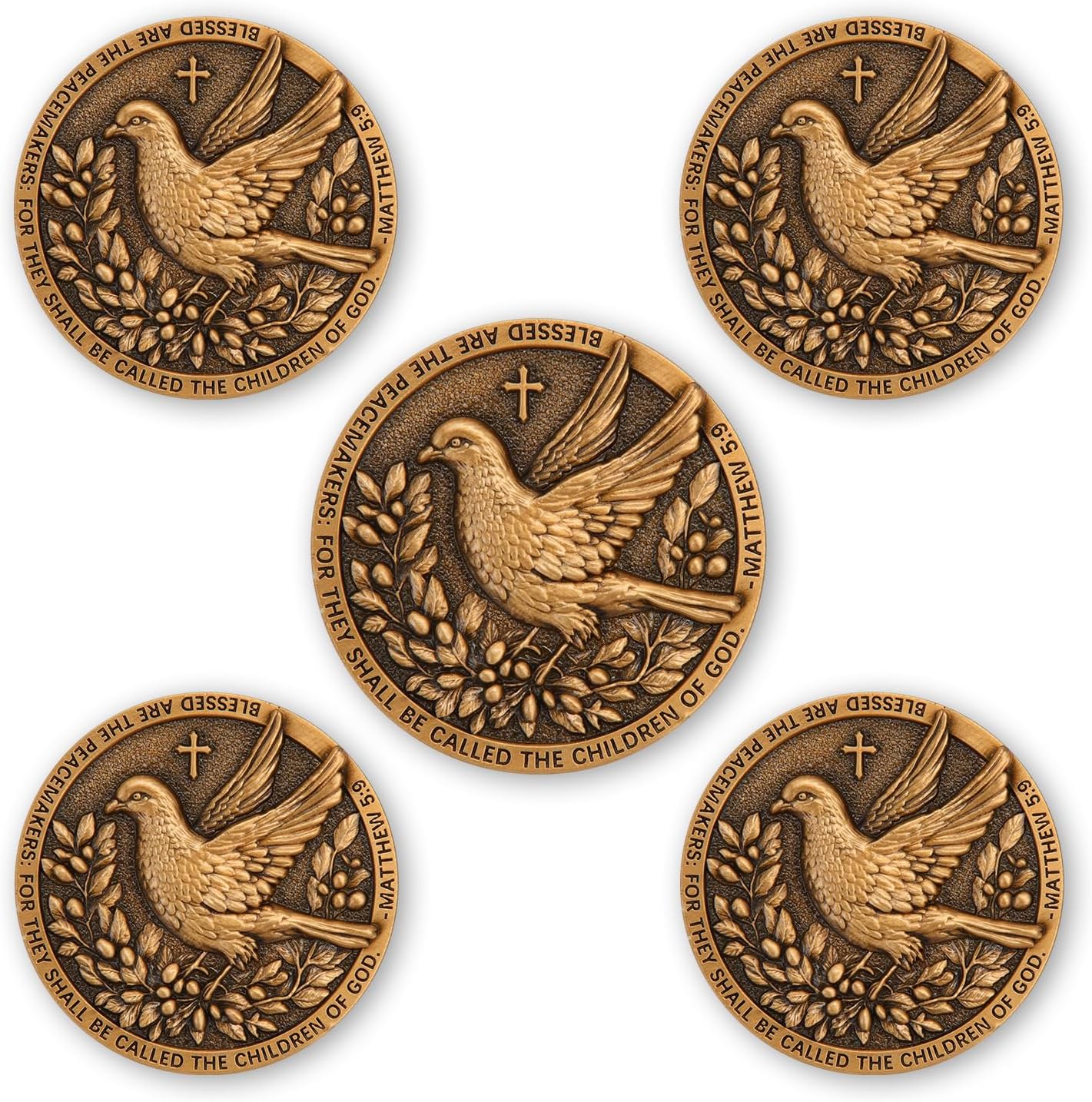 5-Pack Christian Challenge Coins – Dove and Matthew 5:9 Verse, Religious Bible Coins with Acrylic Cases, Christian Collectibles for Believers and Faith Gifts
