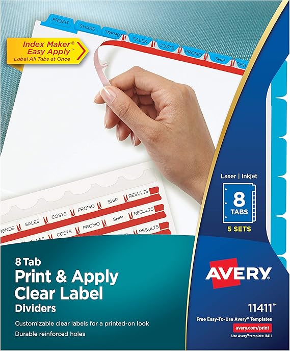 Avery 8Tab Binder Dividers, Easy Print & Apply Clear