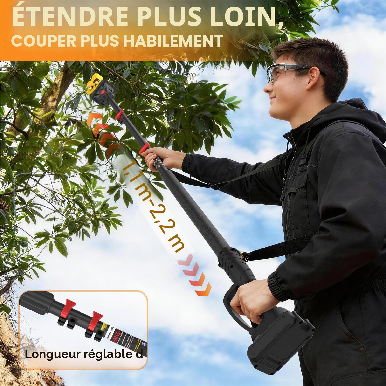 Perche Télescopique pour Sécateur électrique, 2.2 M Telescopic Extension Pole pour Mini tronçonneuse, convient aux batteries avec interface Makita, Compatible avec les outils de la marque MuatCtarom